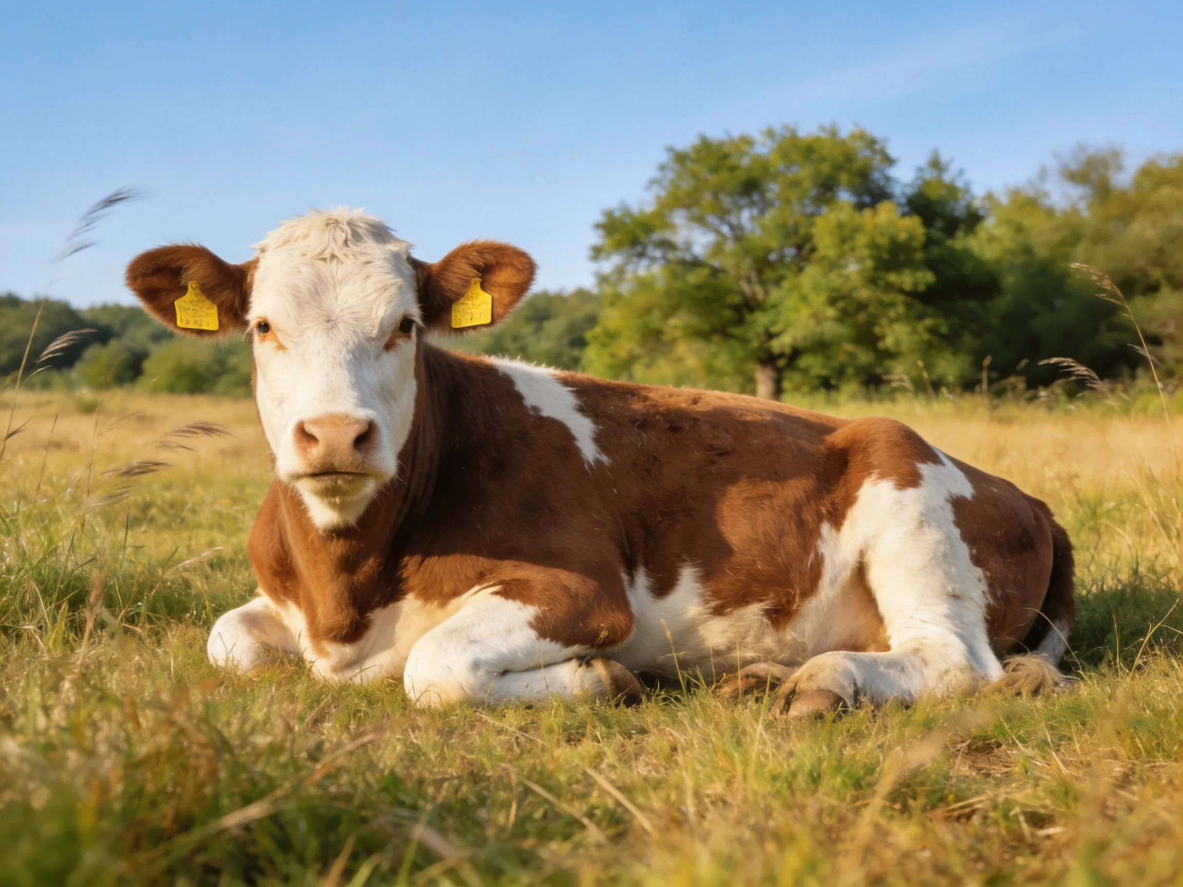Brown and white cow resting in sunlit grassy field