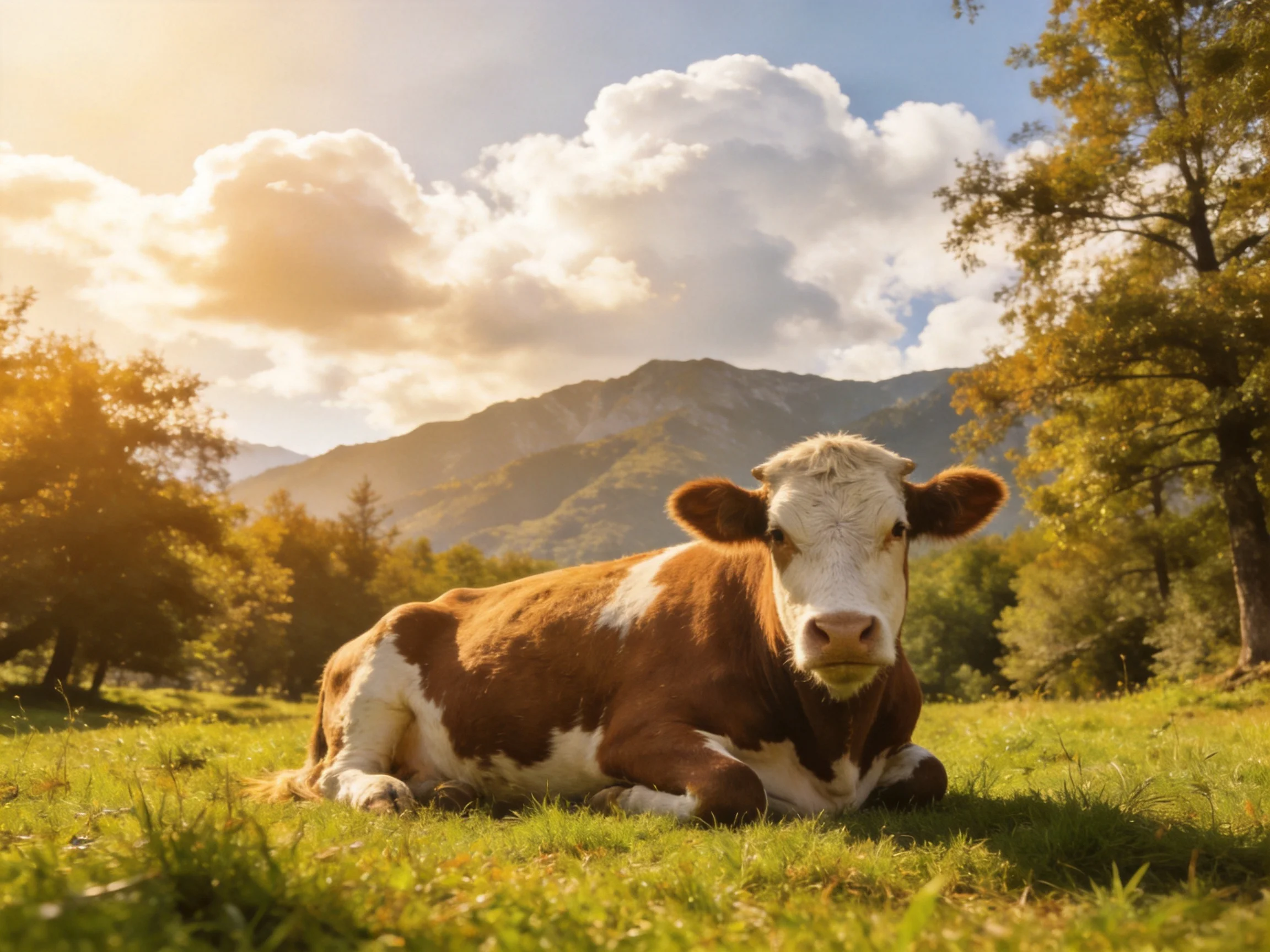 Brown and white cow resting in sunlit meadow near mountains