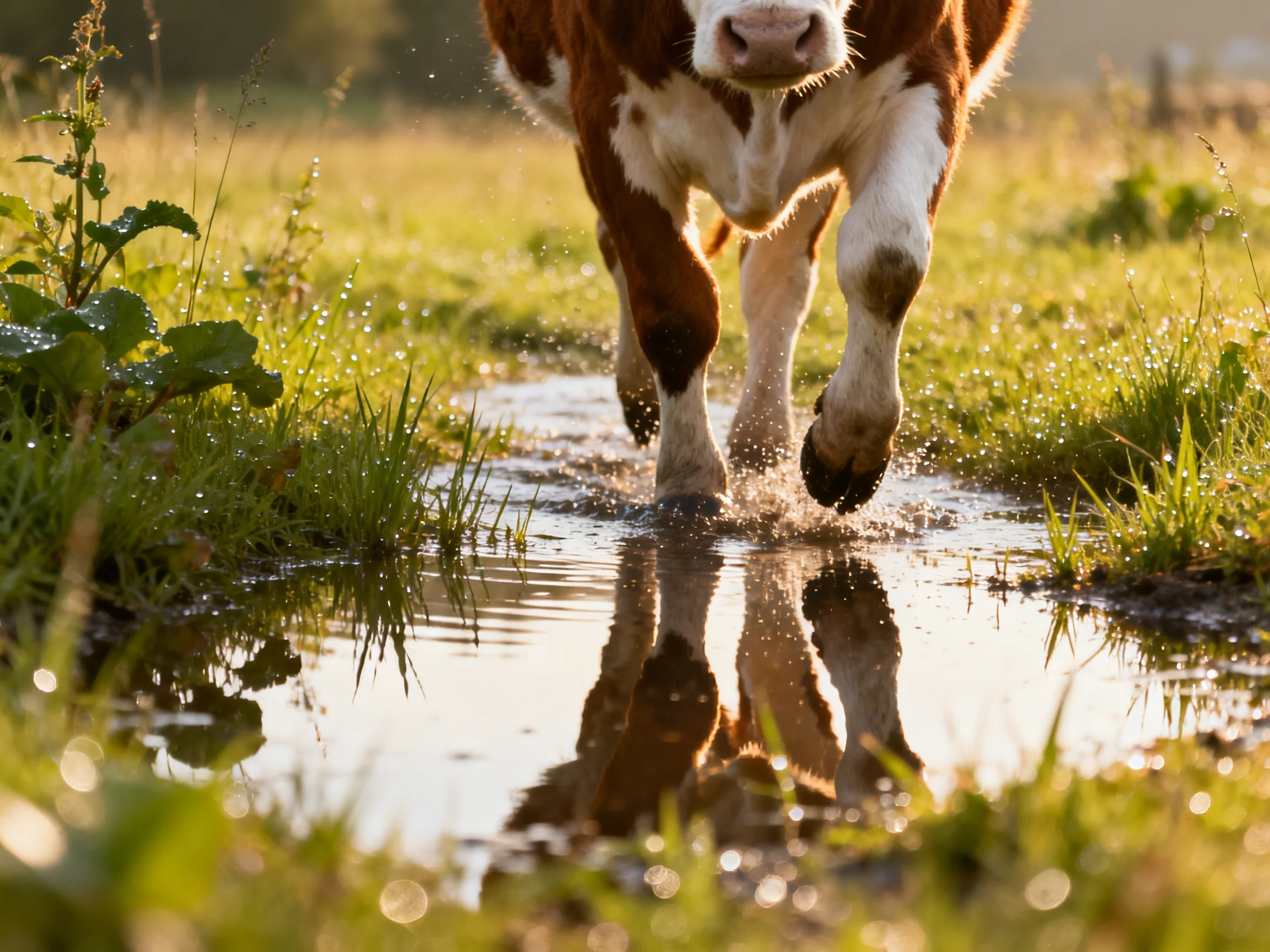 Brown and white cow splashing through a sunlit shallow stream