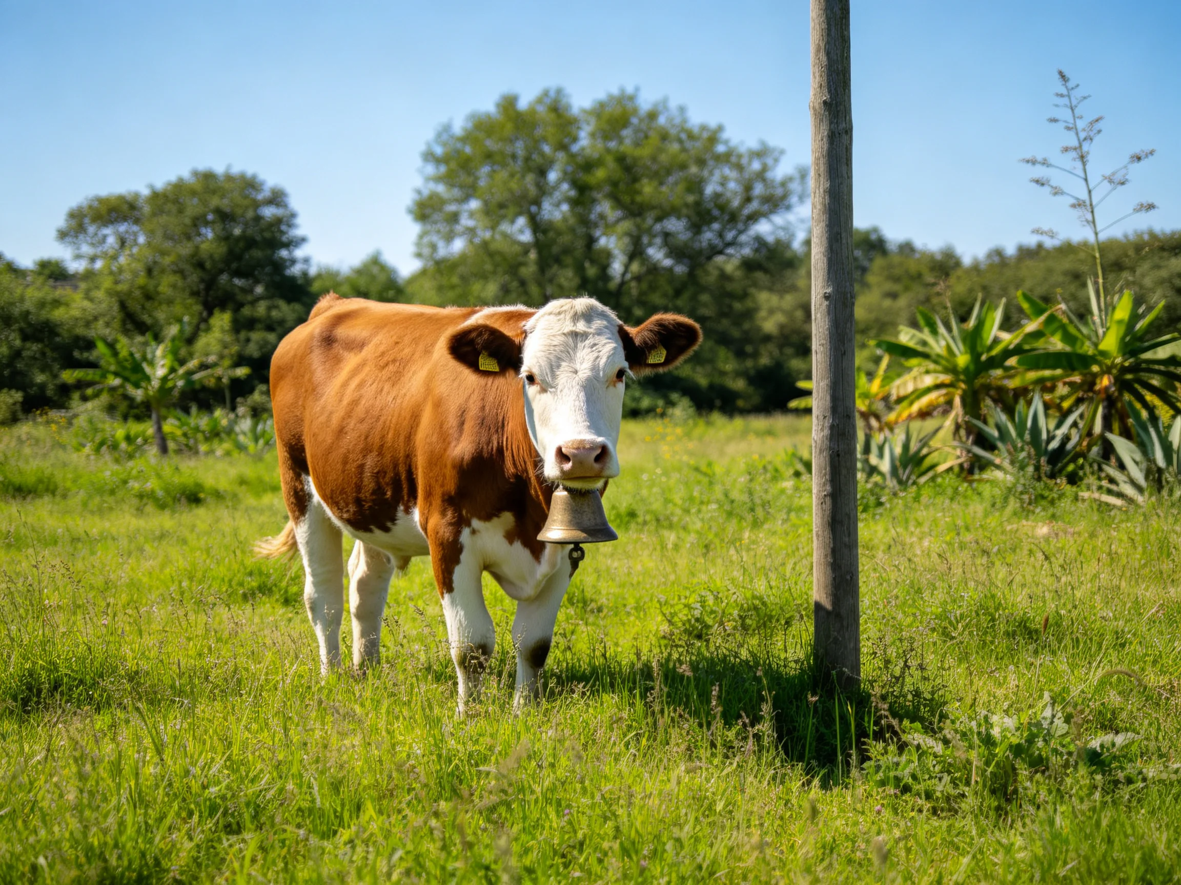 A brown and white cow with a bell stands in a sunlit meadow.
