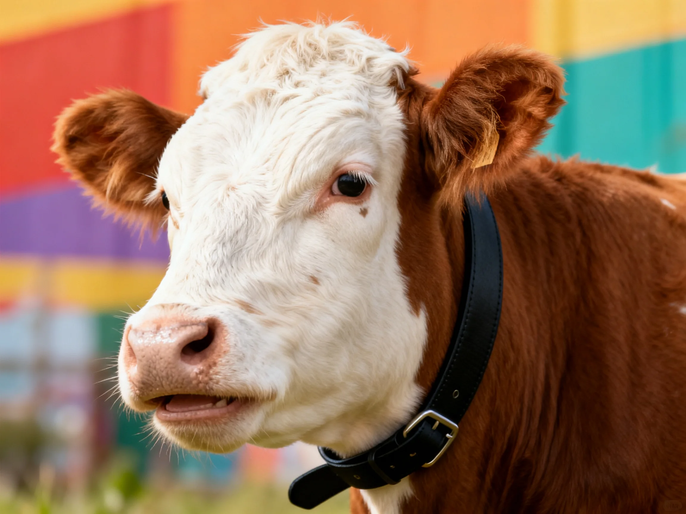 A brown and white cow with a black collar is near colorful containers.