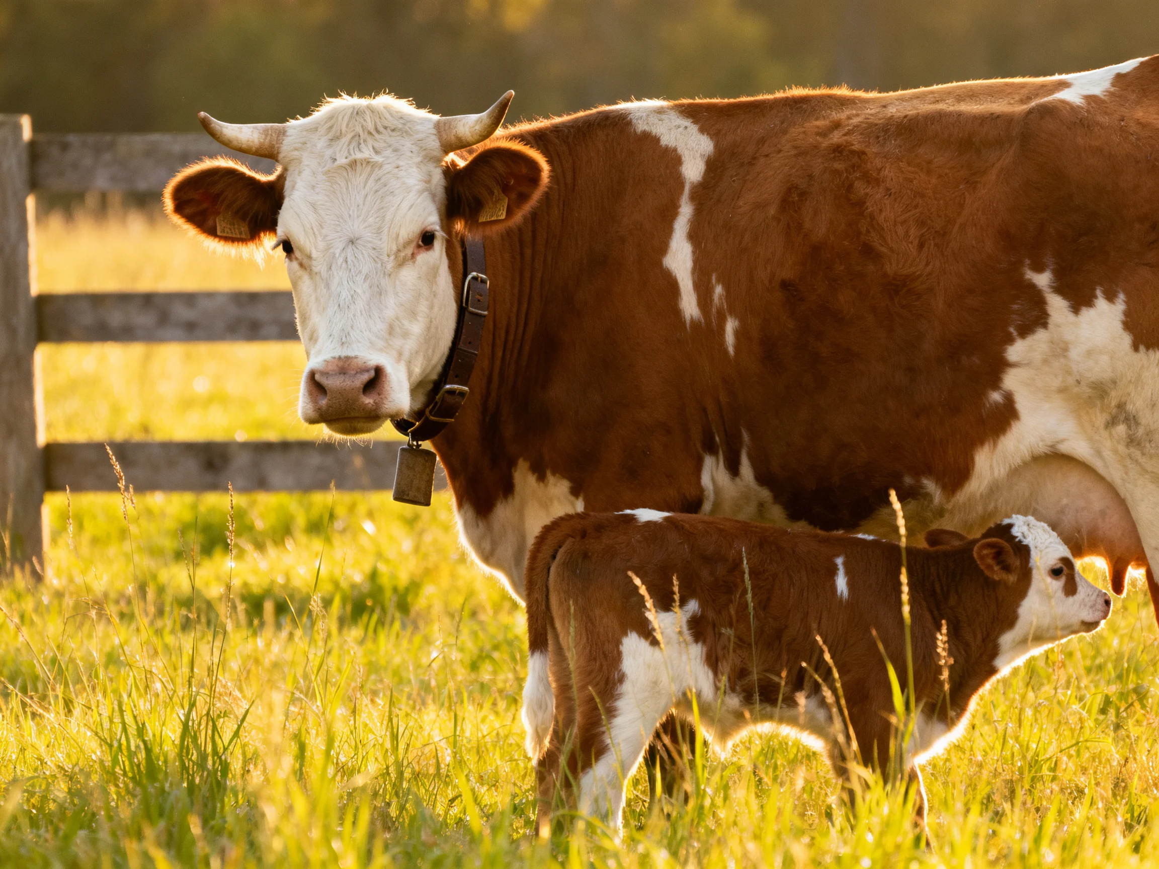 Brown and white cow with calf in sunlit grassy field