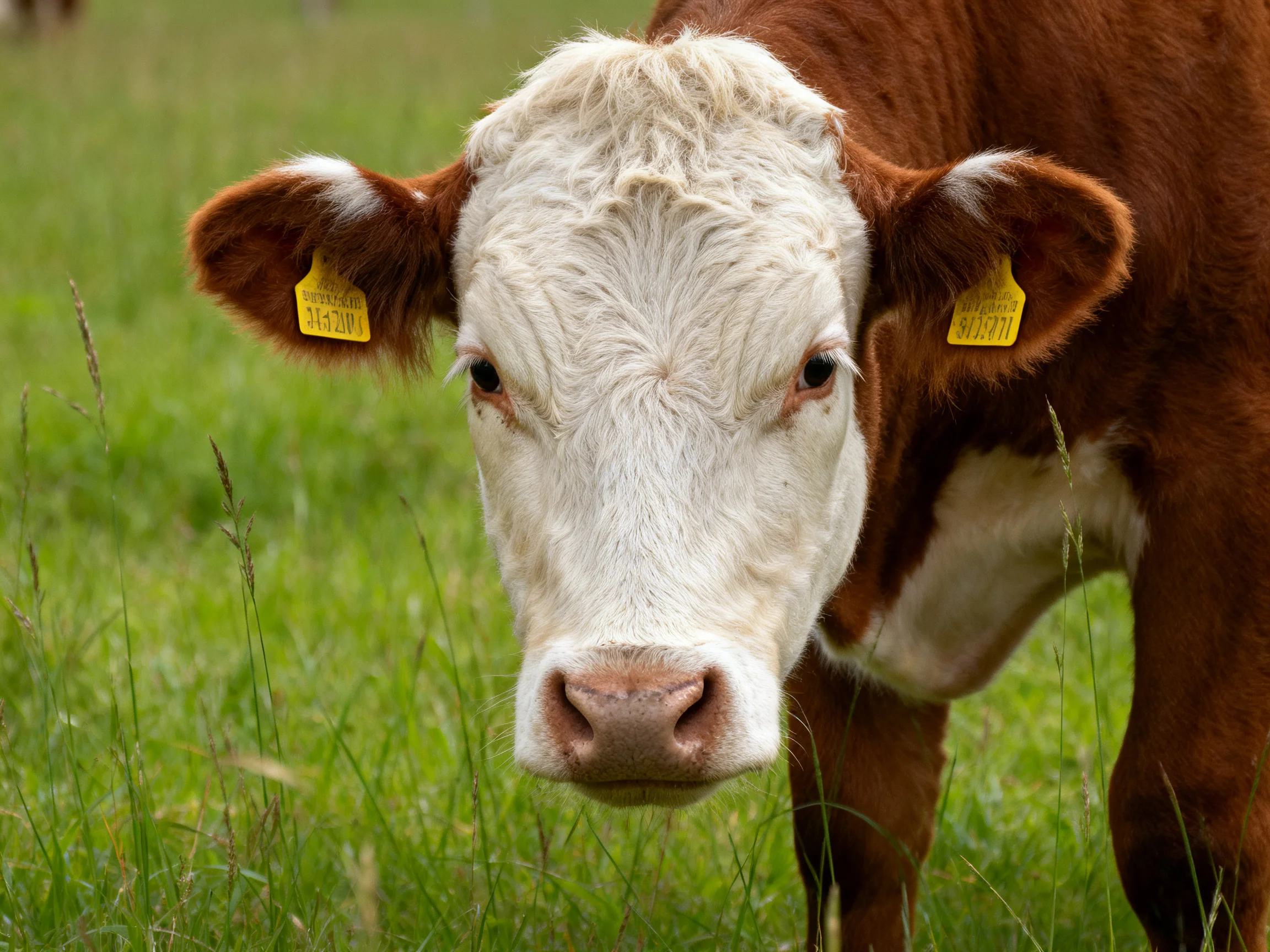 A brown and white cow with yellow ear tags stands in a green pasture.