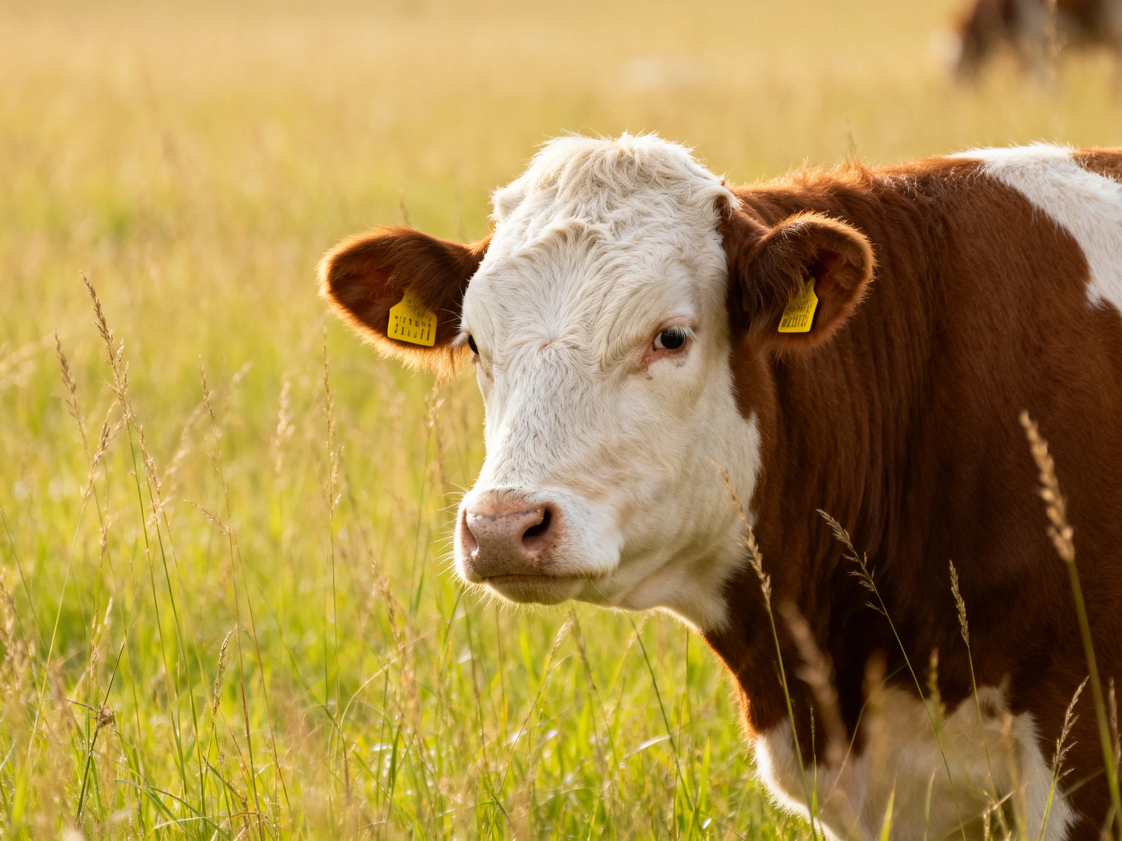 A brown and white cow with yellow ear tags stands in a sunlit grassy areaadow.