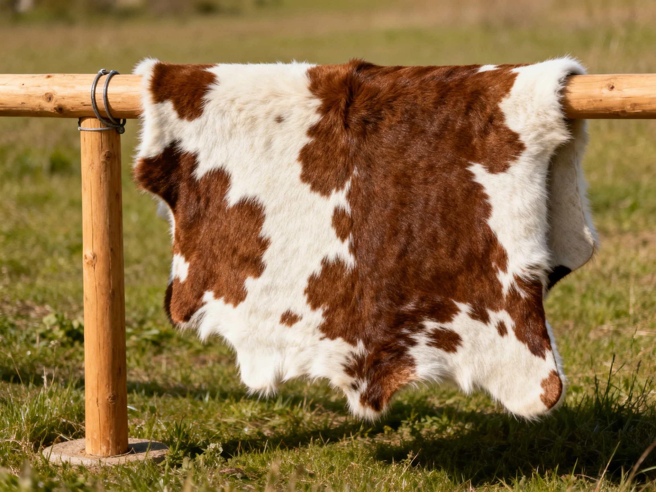 Brown and white cowhide rug hung from wooden fence rails in an open grassy field