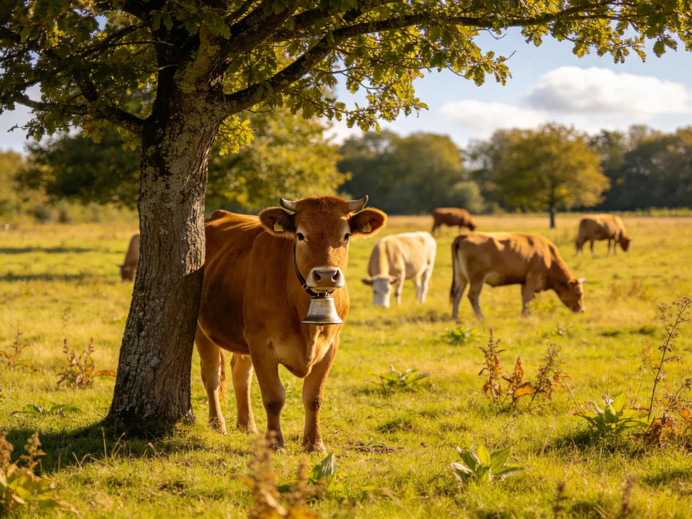 Brown and white cows graze in a golden-hued meadow near a large tree
