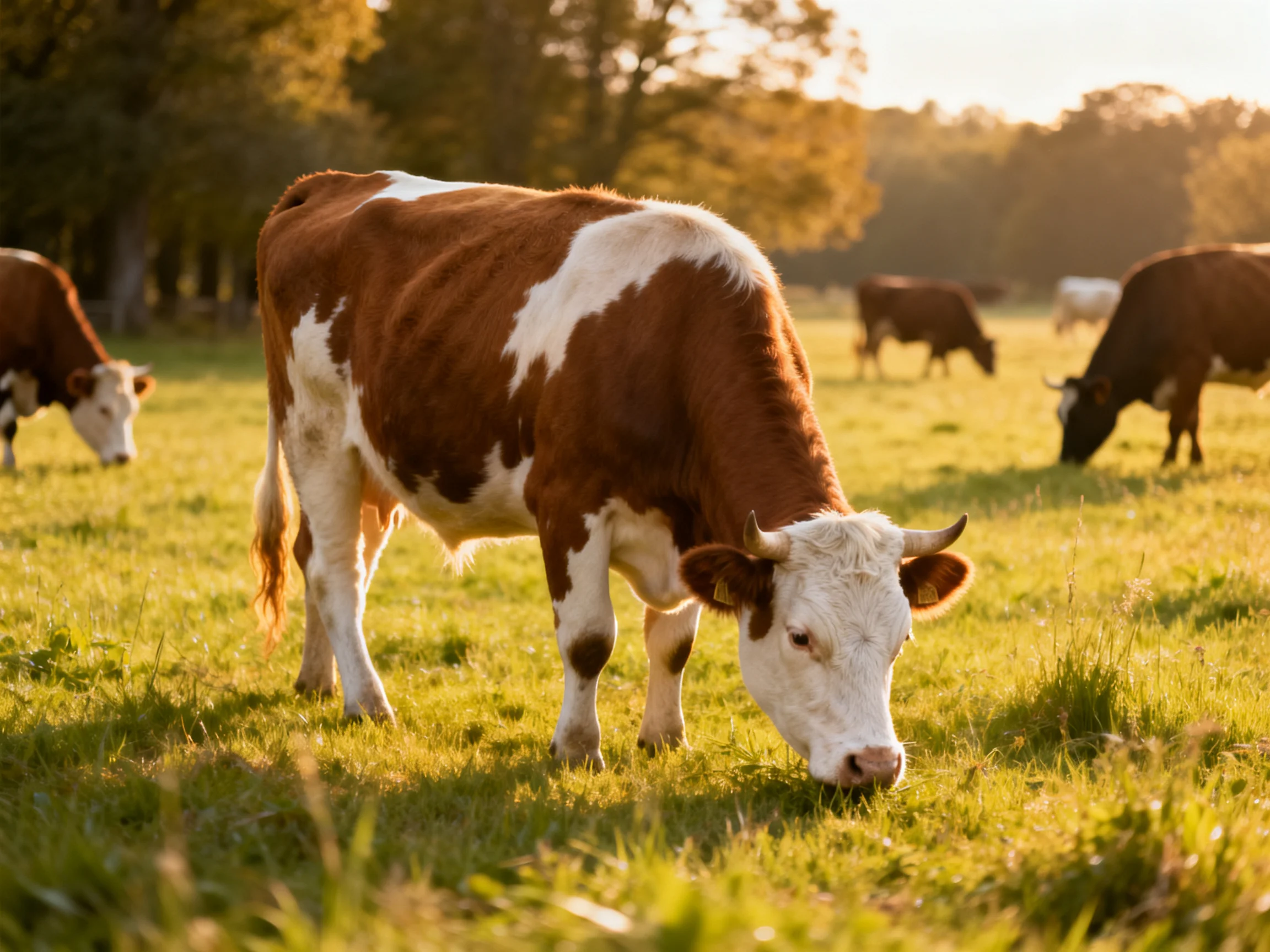 Brown and white cows graze in a sunlit green pasture