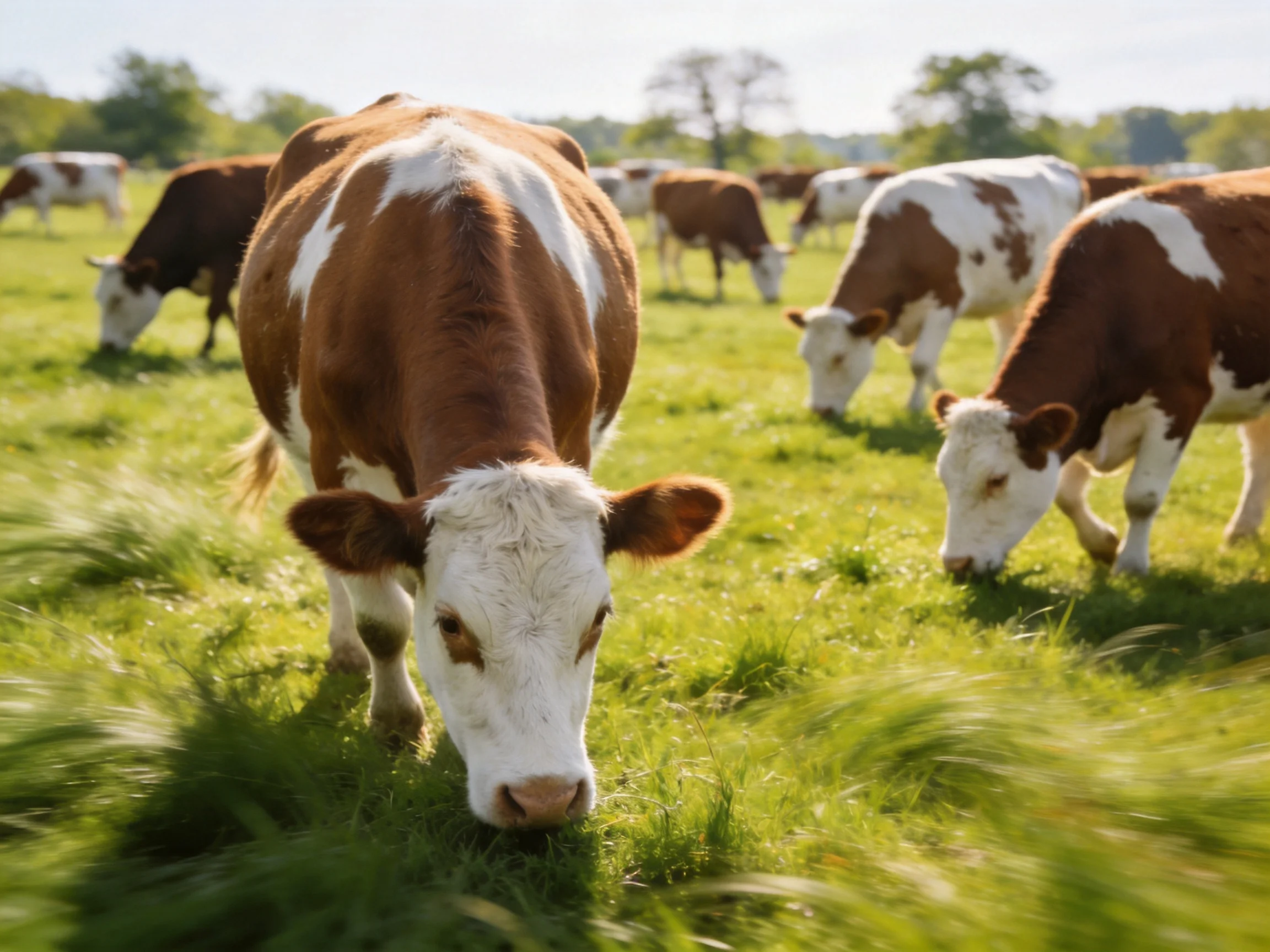 Brown and white cows graze in a sunlit green pasture
