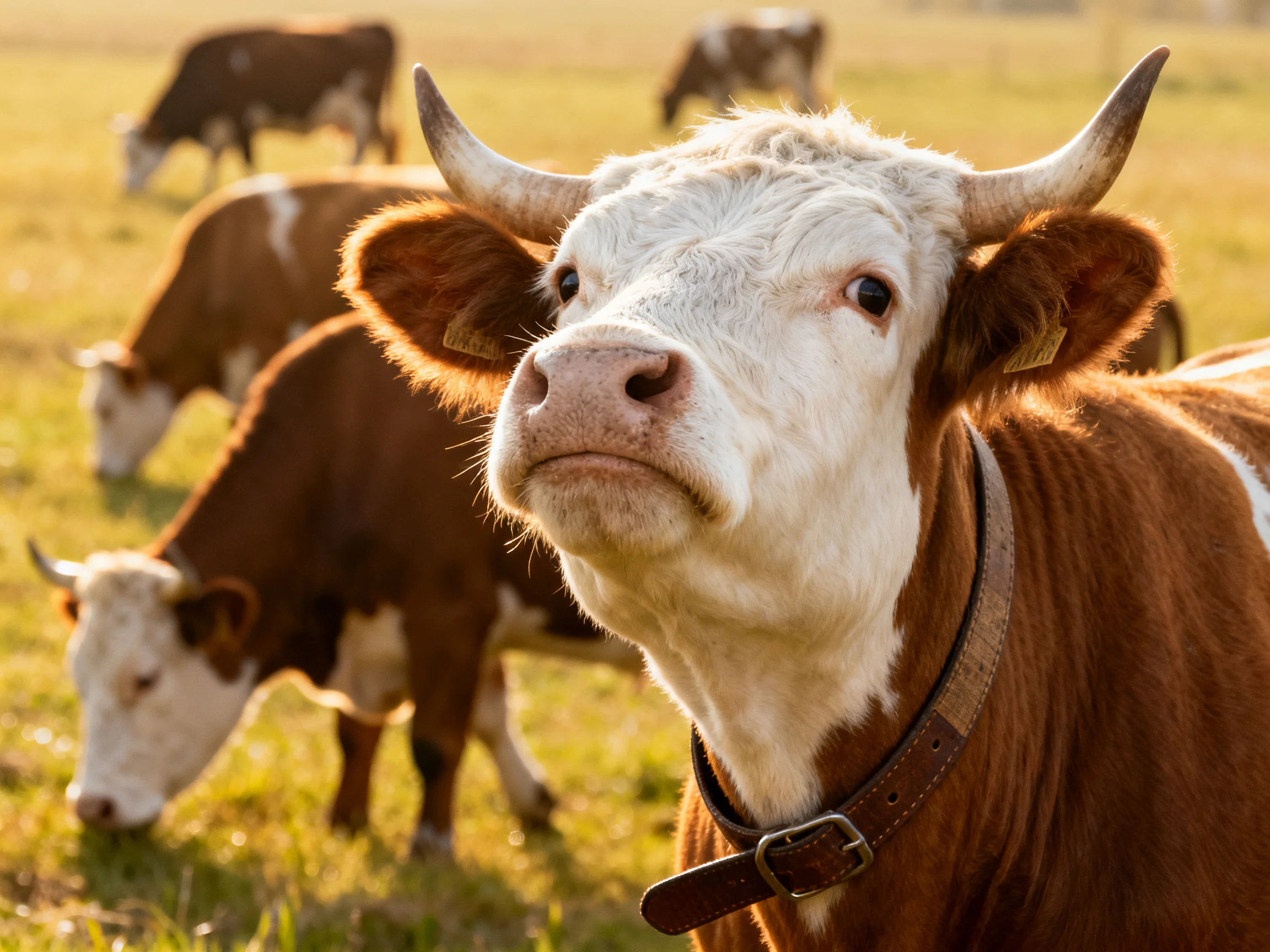Brown and white cows graze in a sunlit meadow