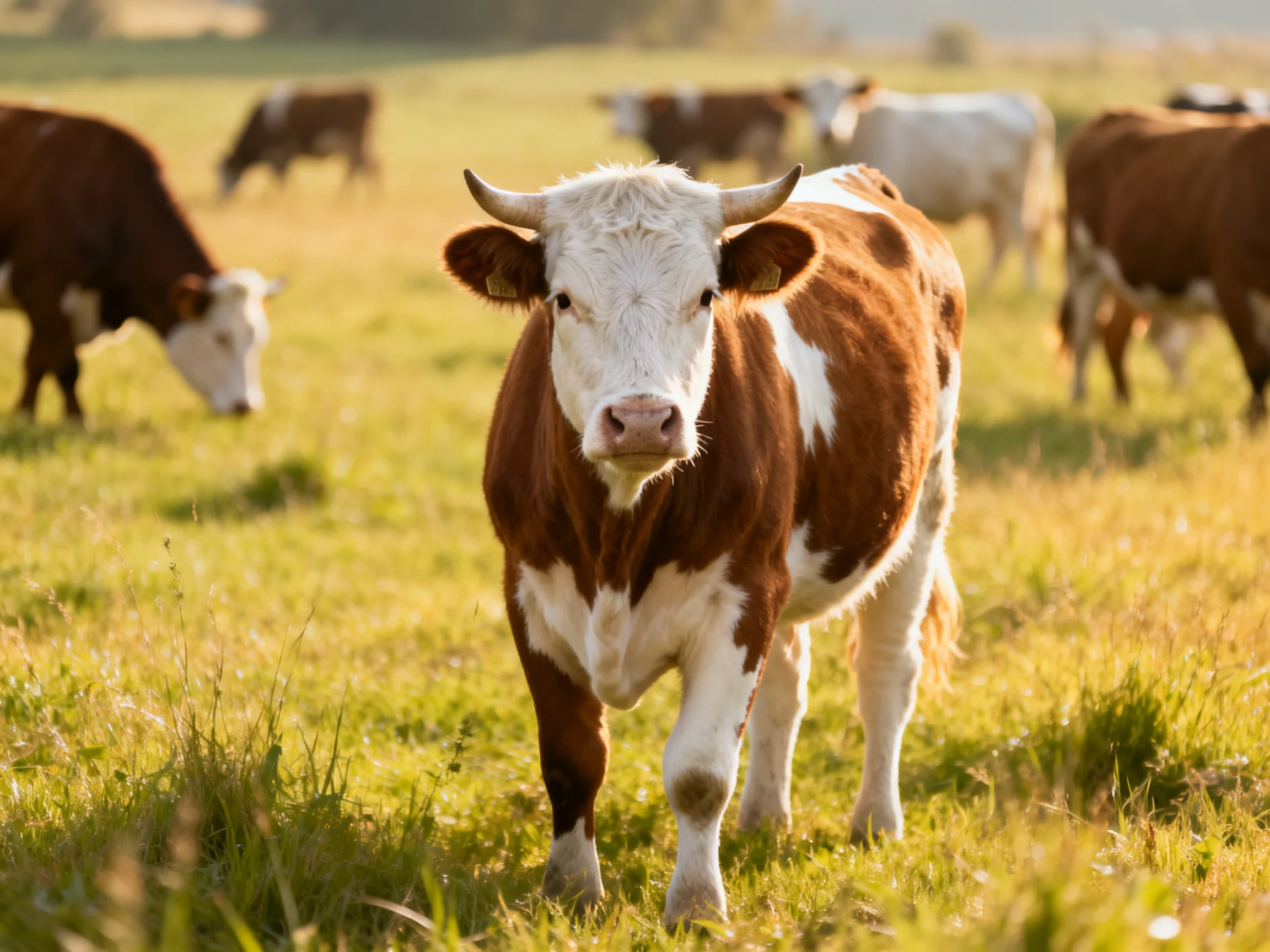 Brown and white cows graze in a sunlit open pasture