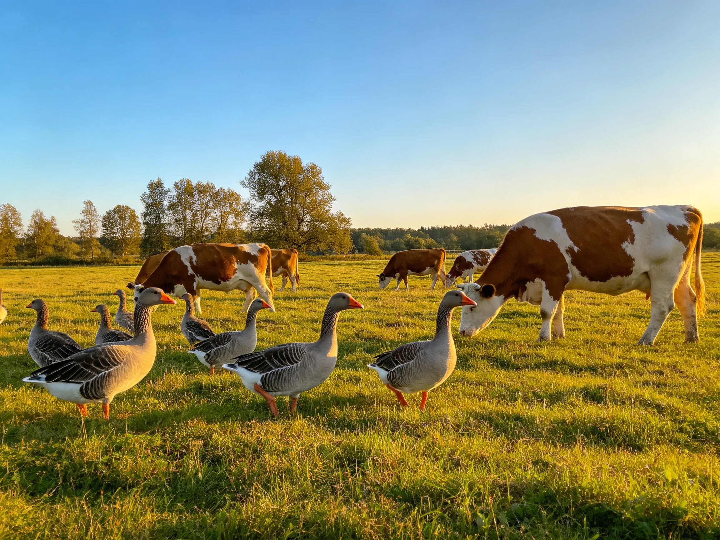 Brown and white cows graze near gray geese in a sunlit pasture