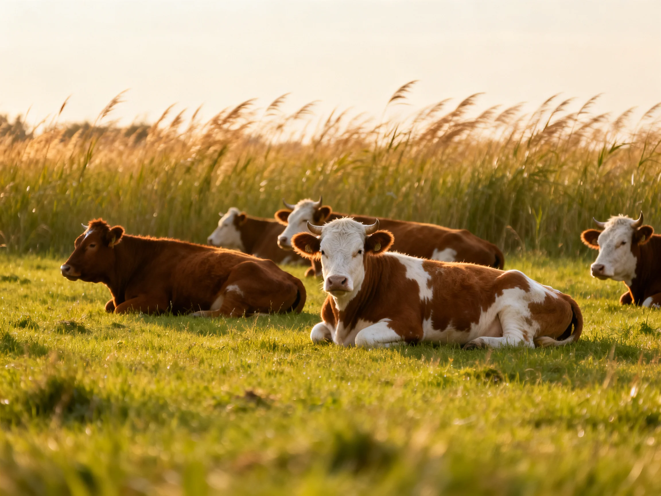 Brown and white cows rest in a sunlit meadow with tall grasses