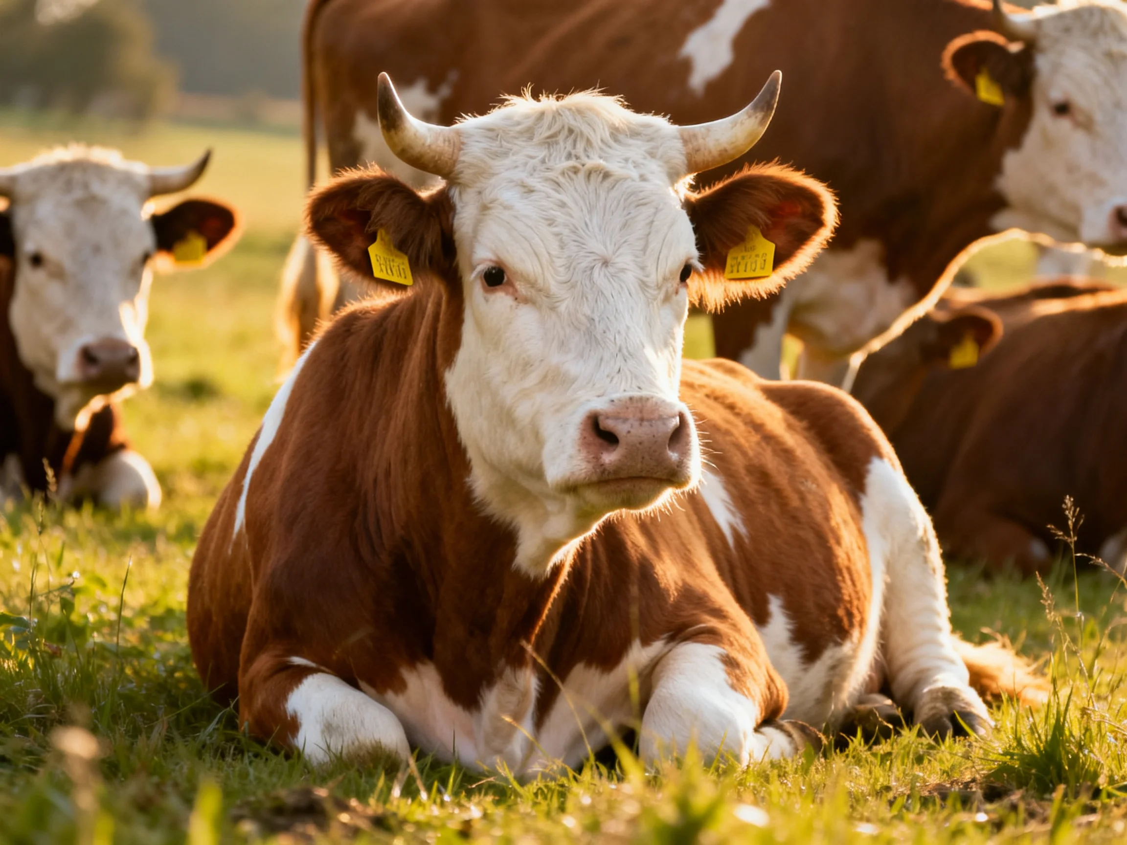 Brown and white cows rest in a sunlit pasture