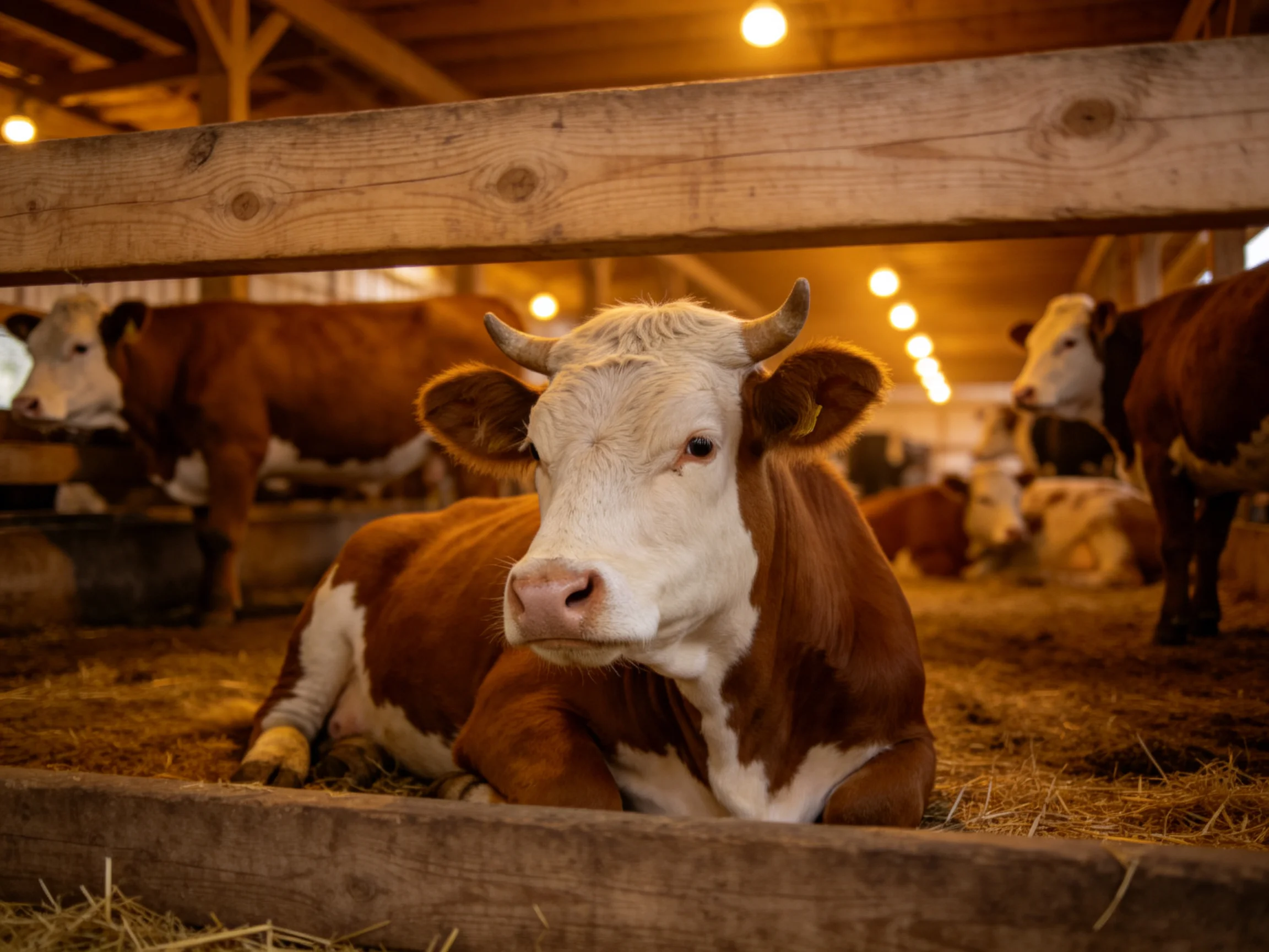 Brown and white cows rest in a wooden barn with straw bedding