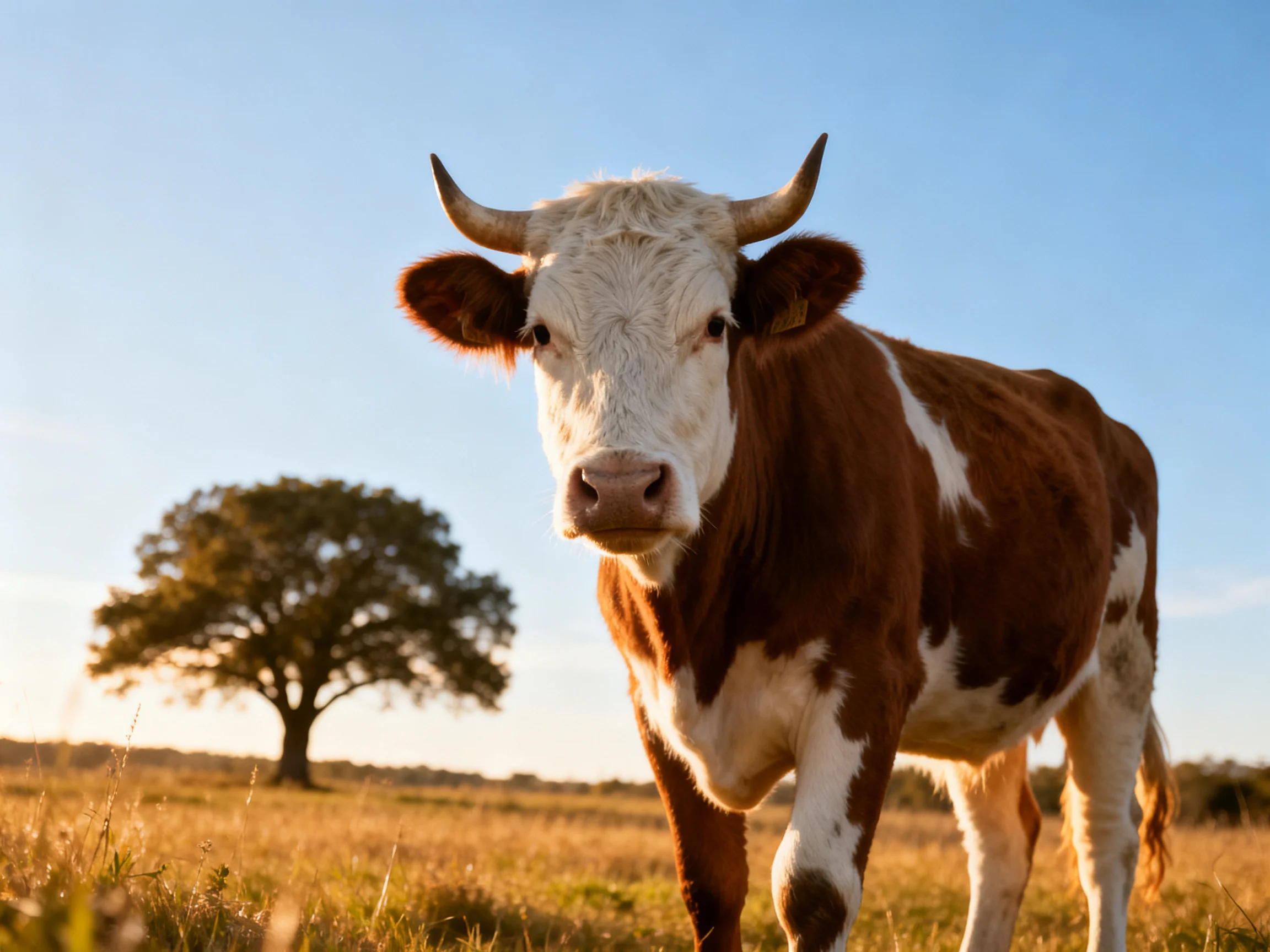 Brown and white horned cow in sunlit field near large tree