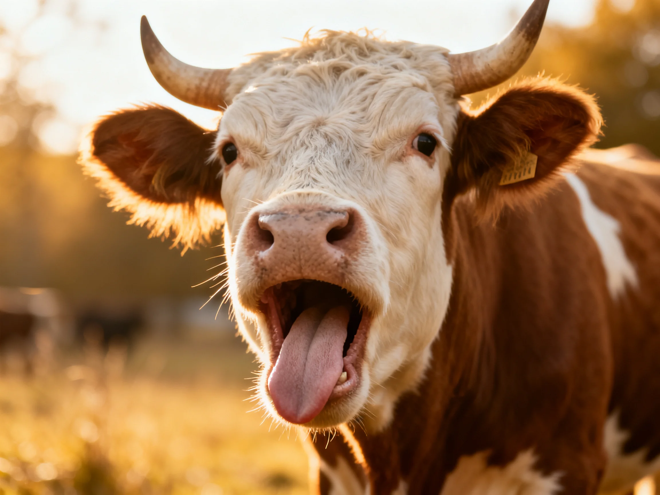 Brown and white horned cow sticking tongue out in golden light