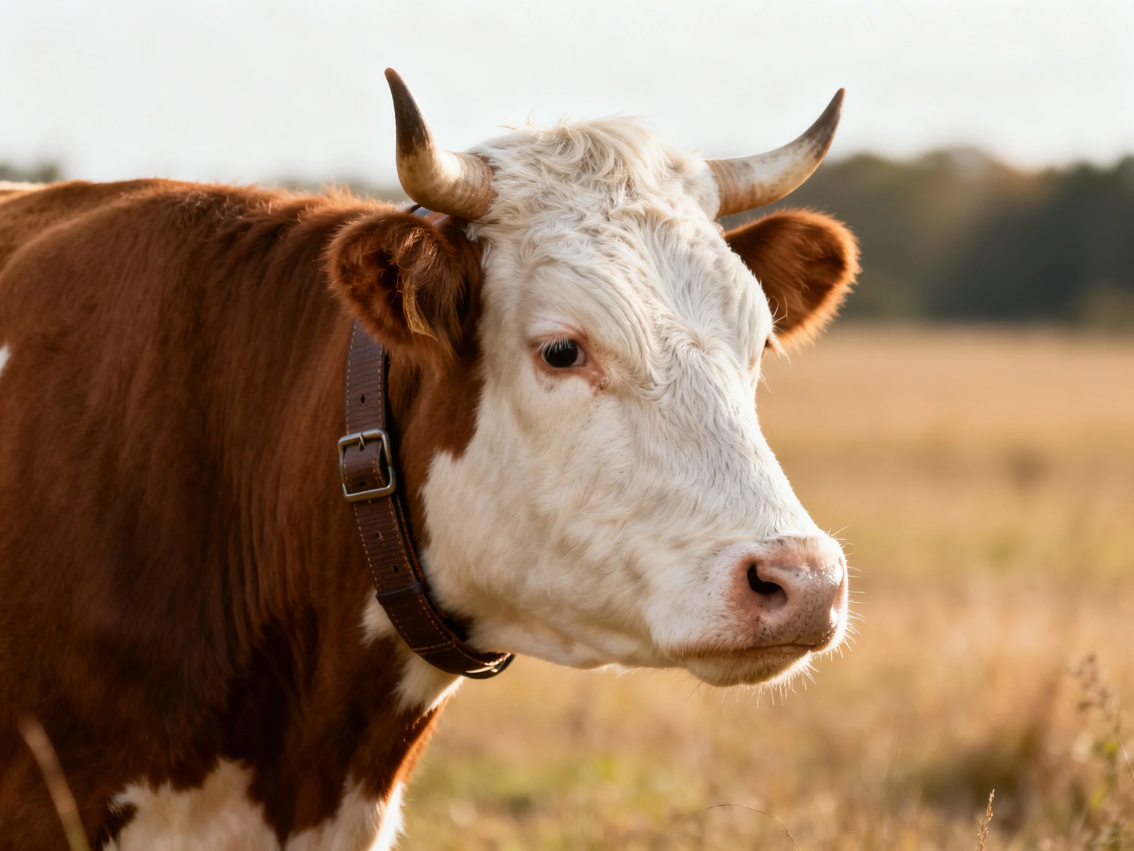 Brown and white horned cow with leather collar in sunlit field