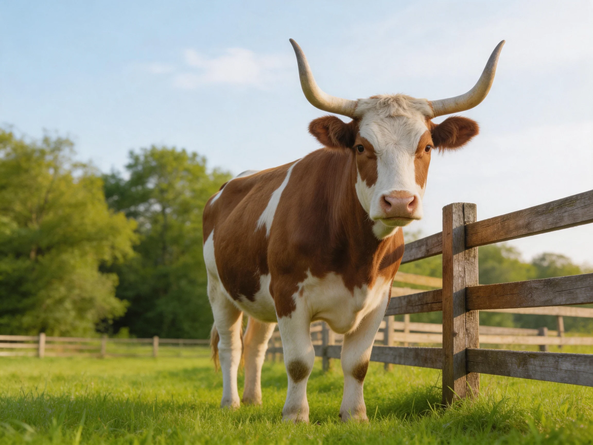 Brown and white longhorn cow near a wooden fence in a green pasture