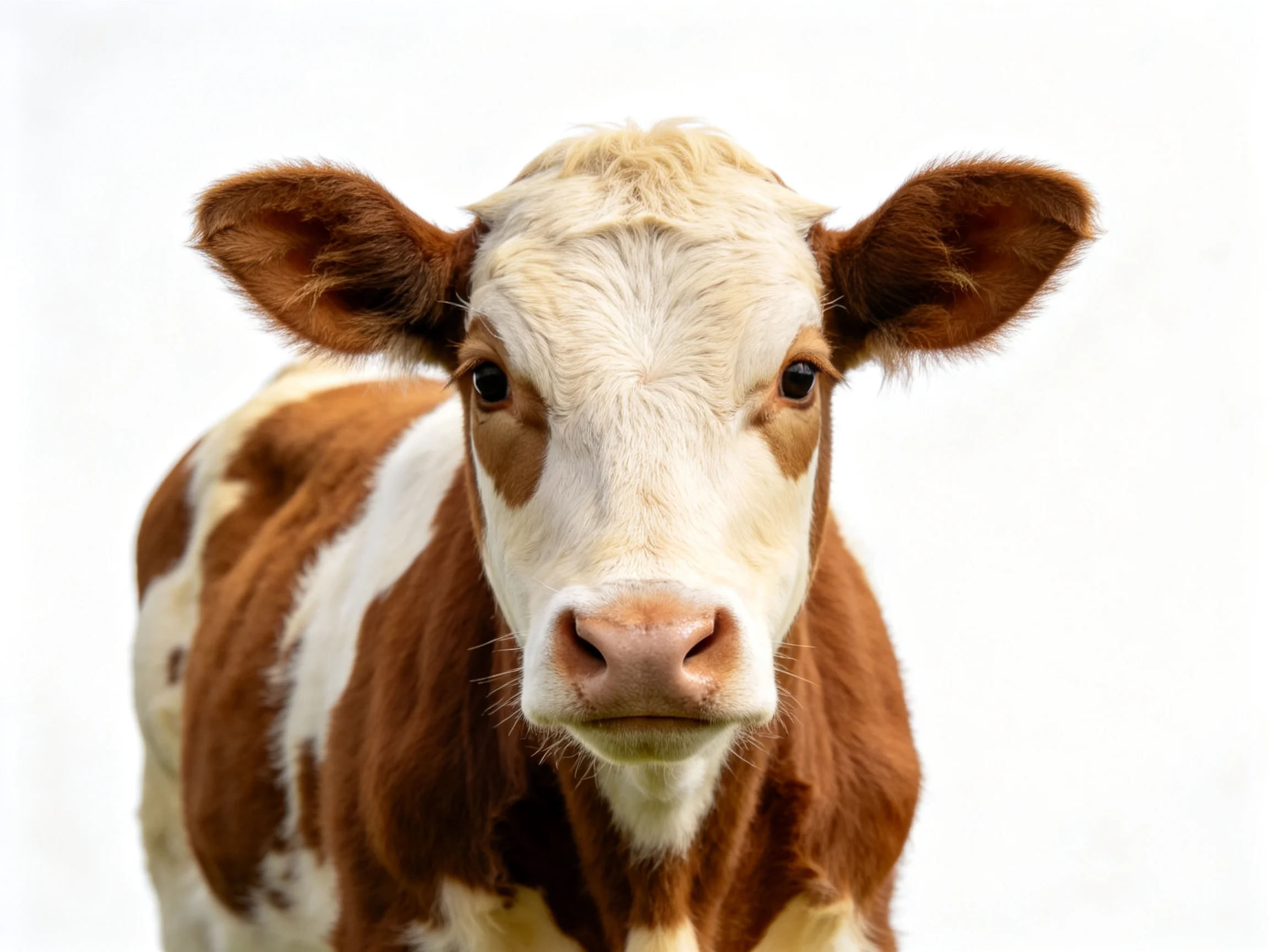 Brown and white spotted calf faces forward with large ears