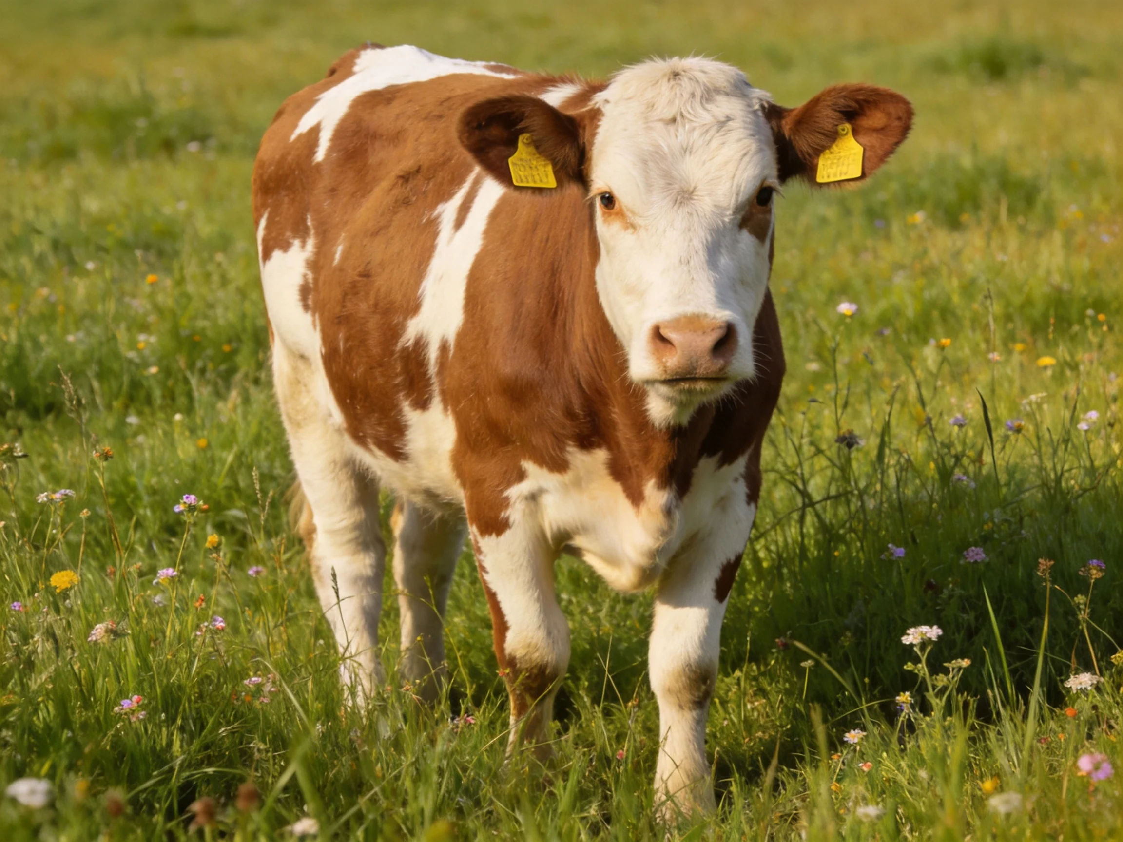 A brown and white spotted calf stands in a grassy field with wildflowers.