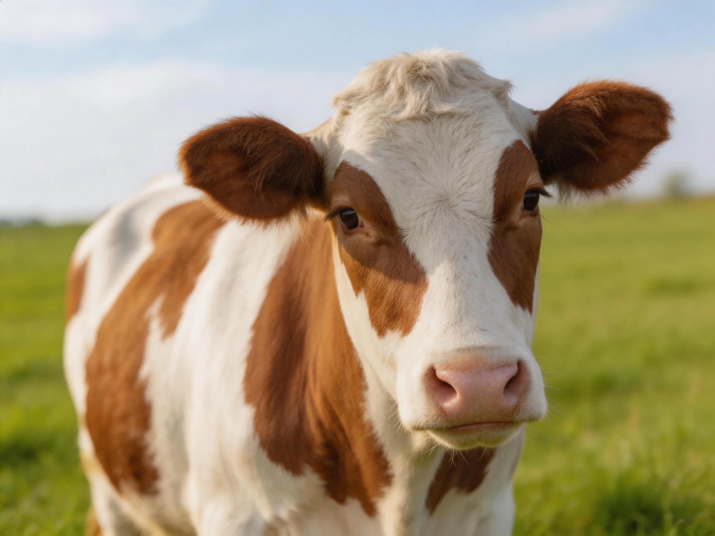 Brown and white spotted calf in a sunlit green pasture
