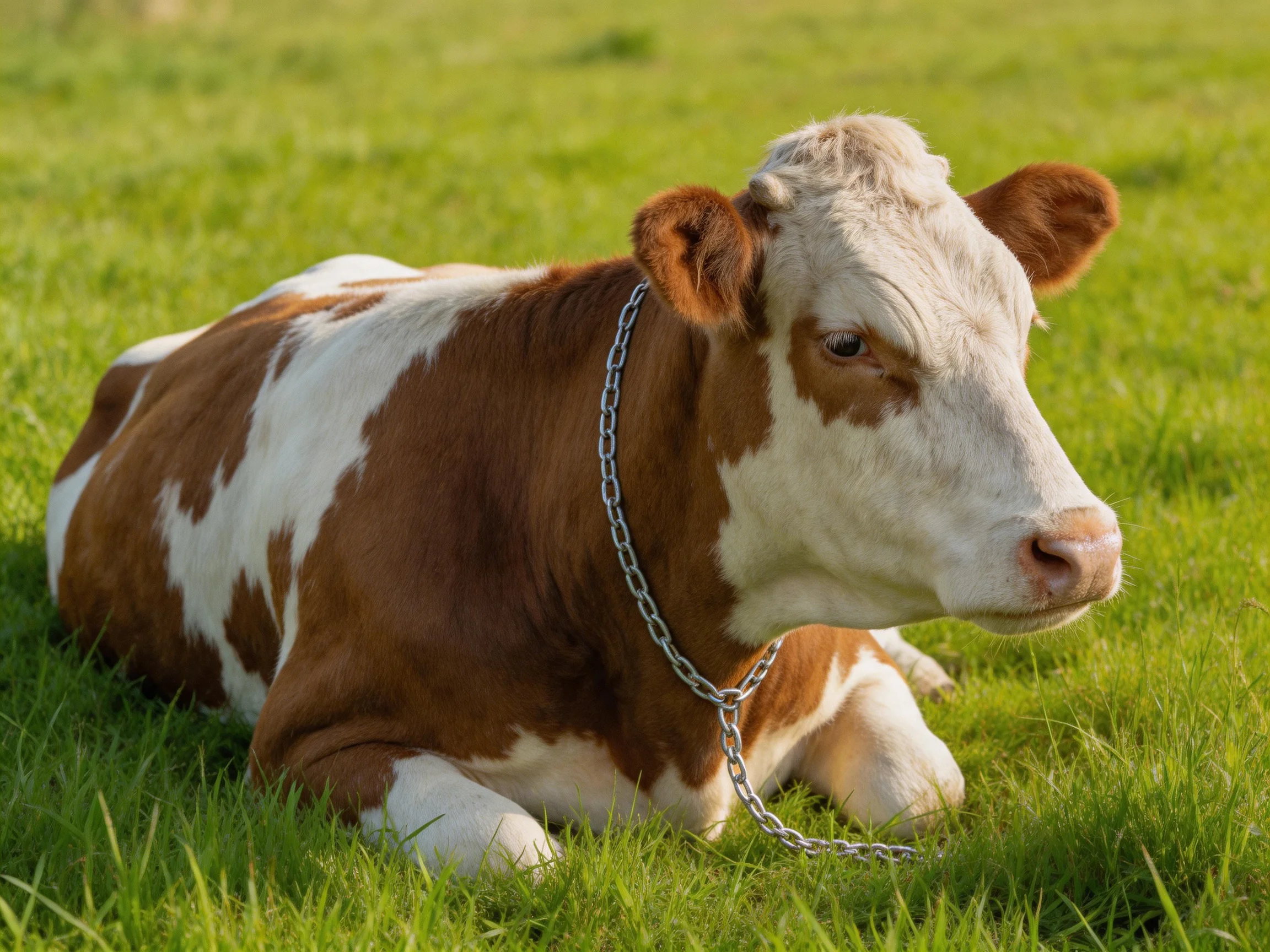 Brown and white spotted calf resting on vibrant green pasture