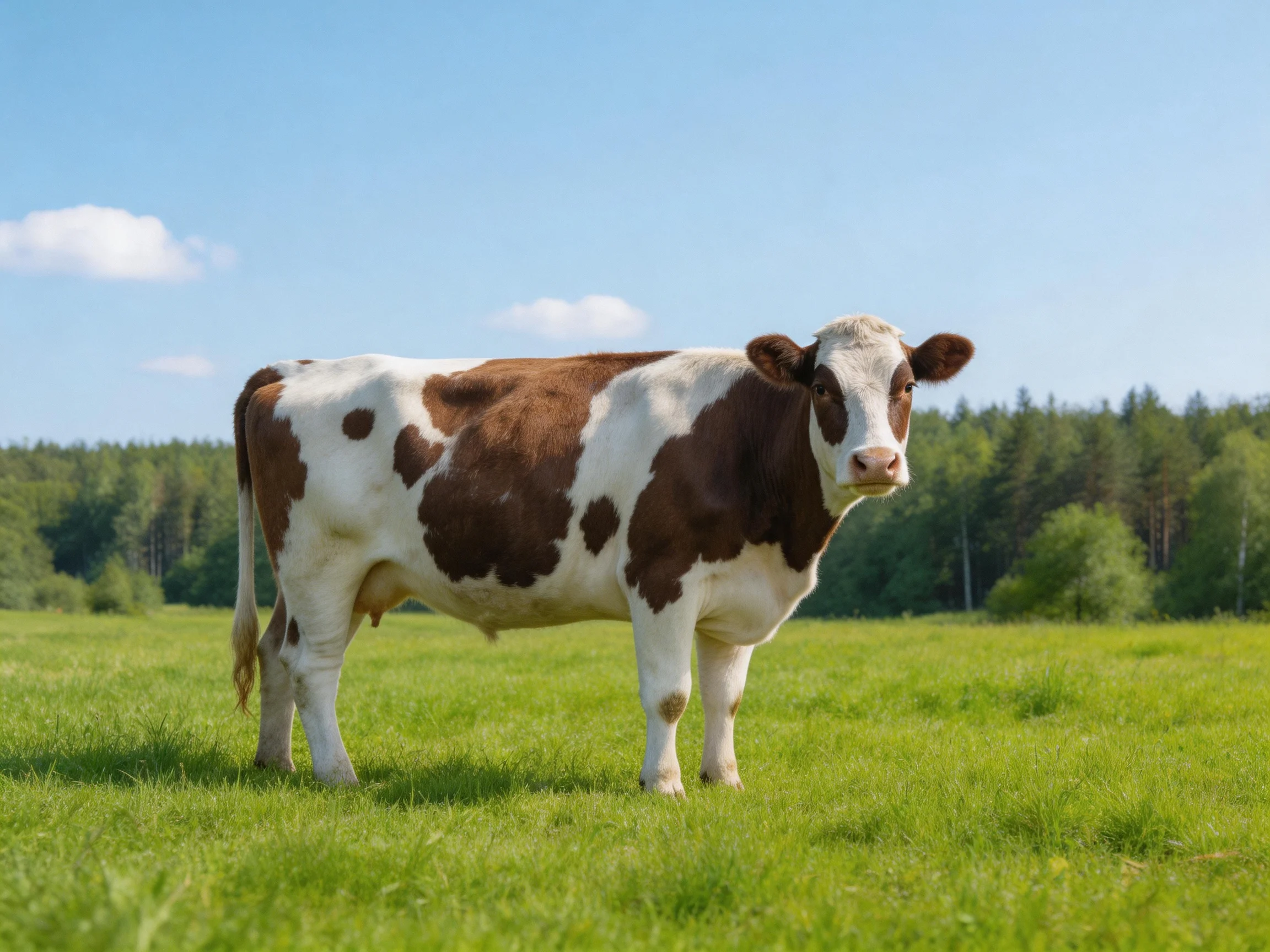 Brown and white spotted cow in a sunlit green pasture near forest