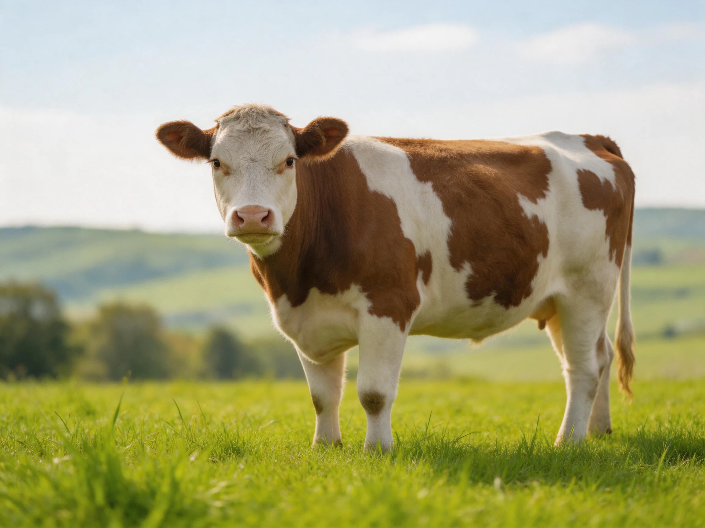 Brown and white spotted cow in a sunny green pasture