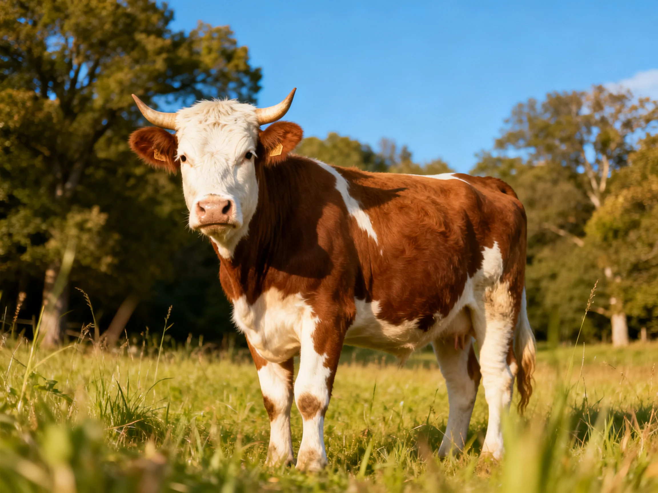 A brown and white cow stands in a sunny meadow near trees.
