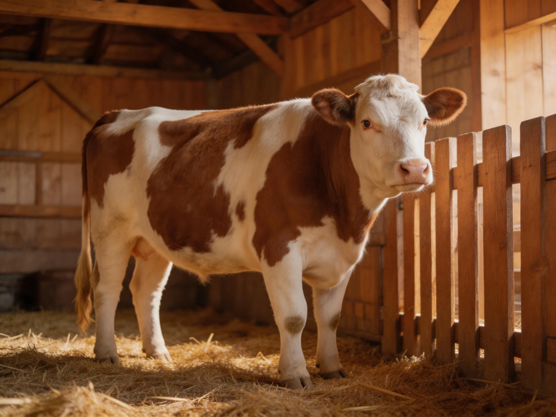 Brown and white spotted cow in a wooden barn with hay