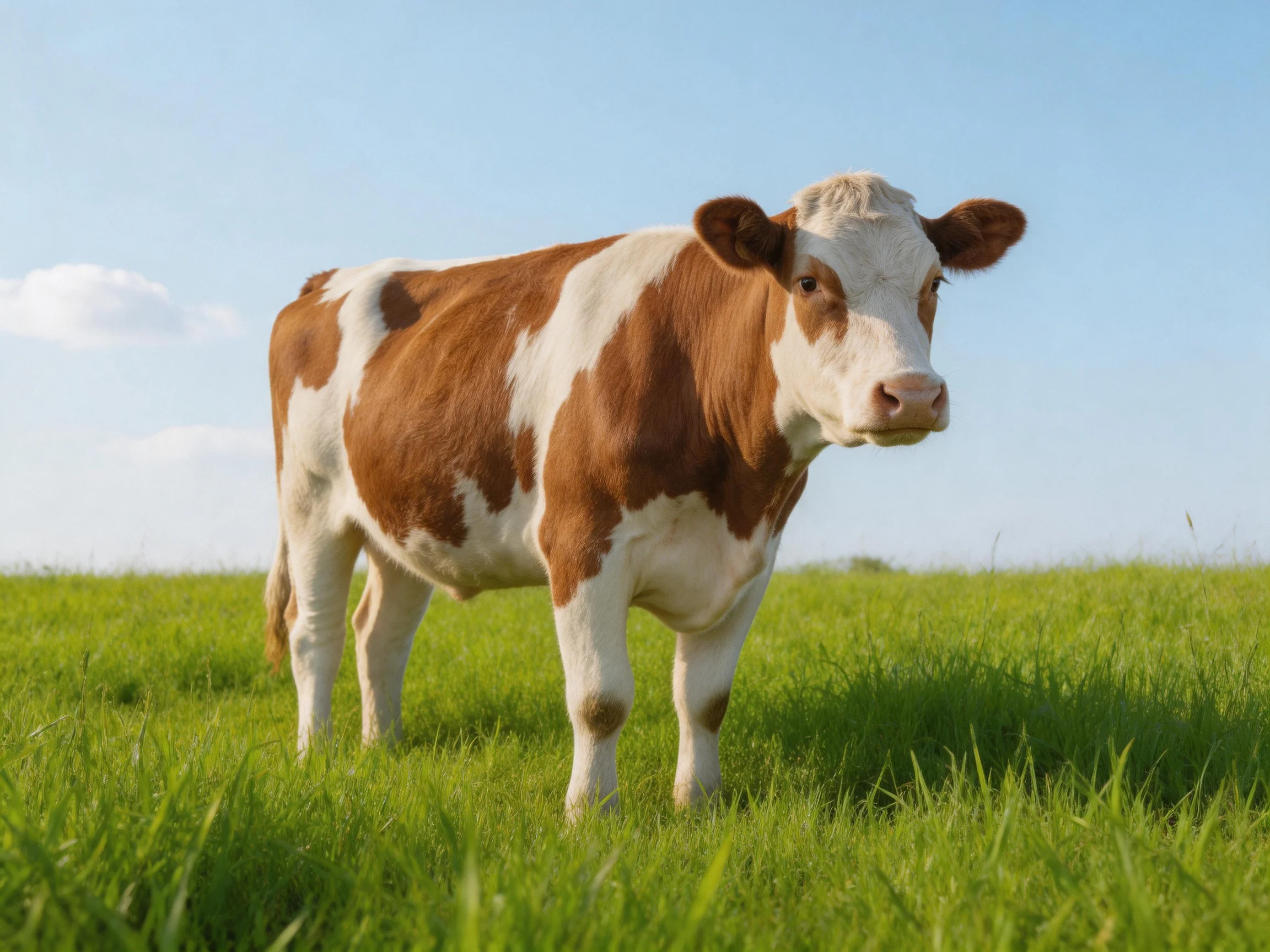 Brown and white spotted cow in lush green pasture