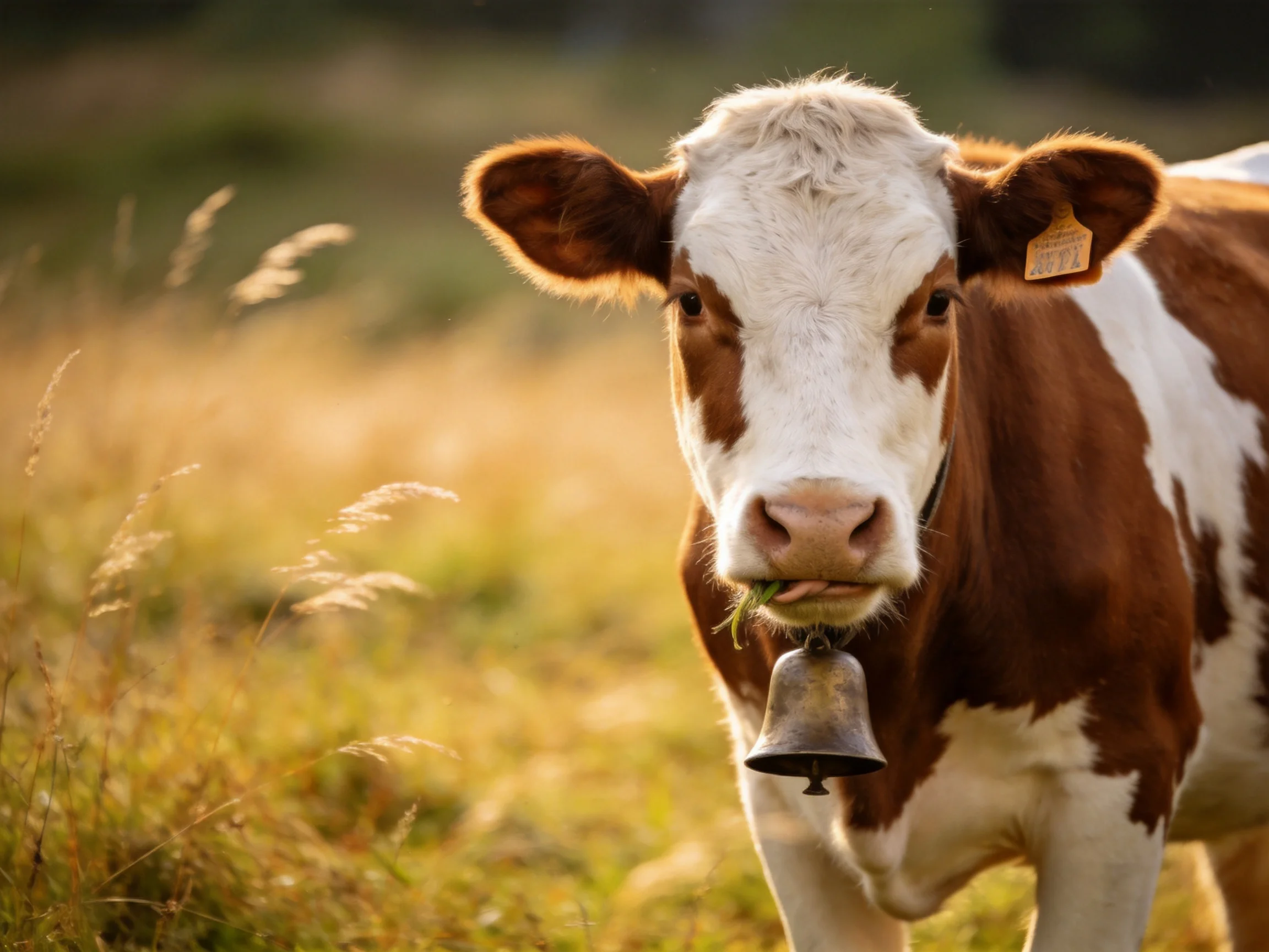 Brown and white spotted cow with bell in golden field