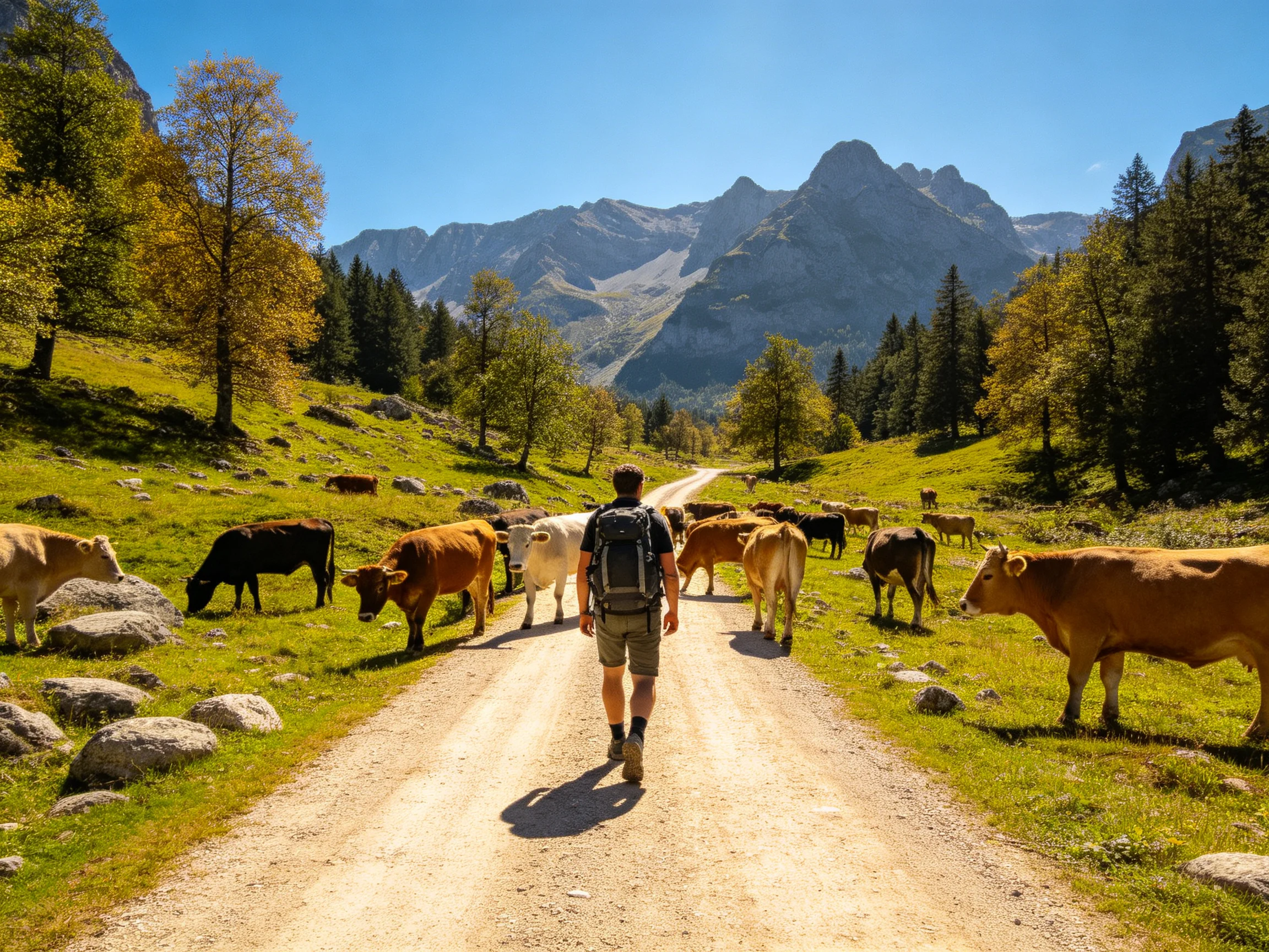 Brown, black, and white cattle surround a hiker on a sunny mountain path