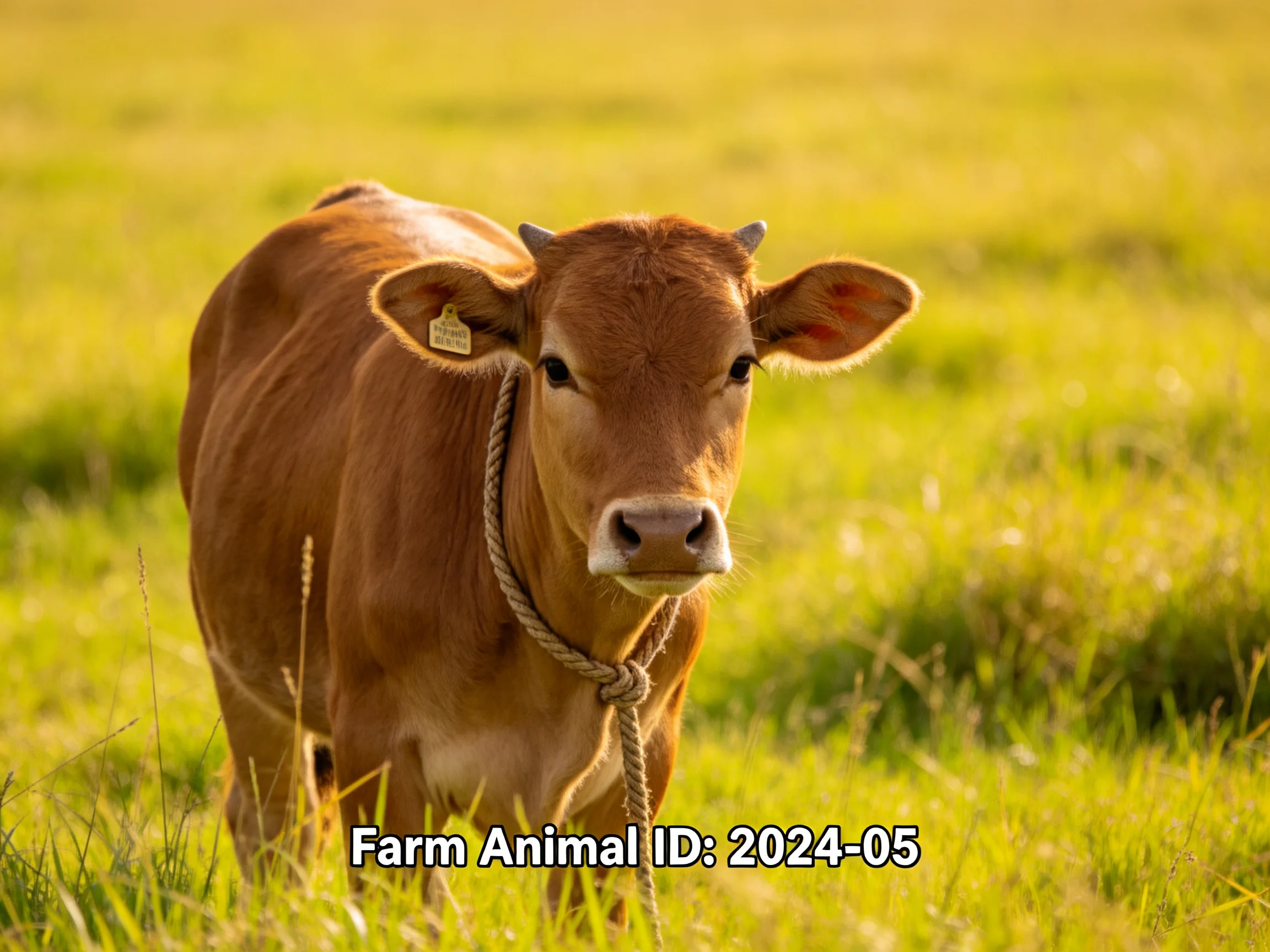 Brown calf in sunlit green pasture