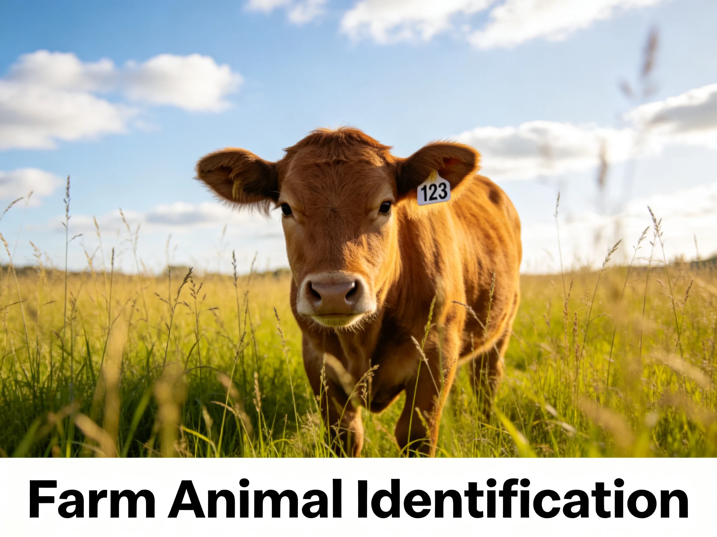 Brown calf with numbered ear tag in sunlit grassy field