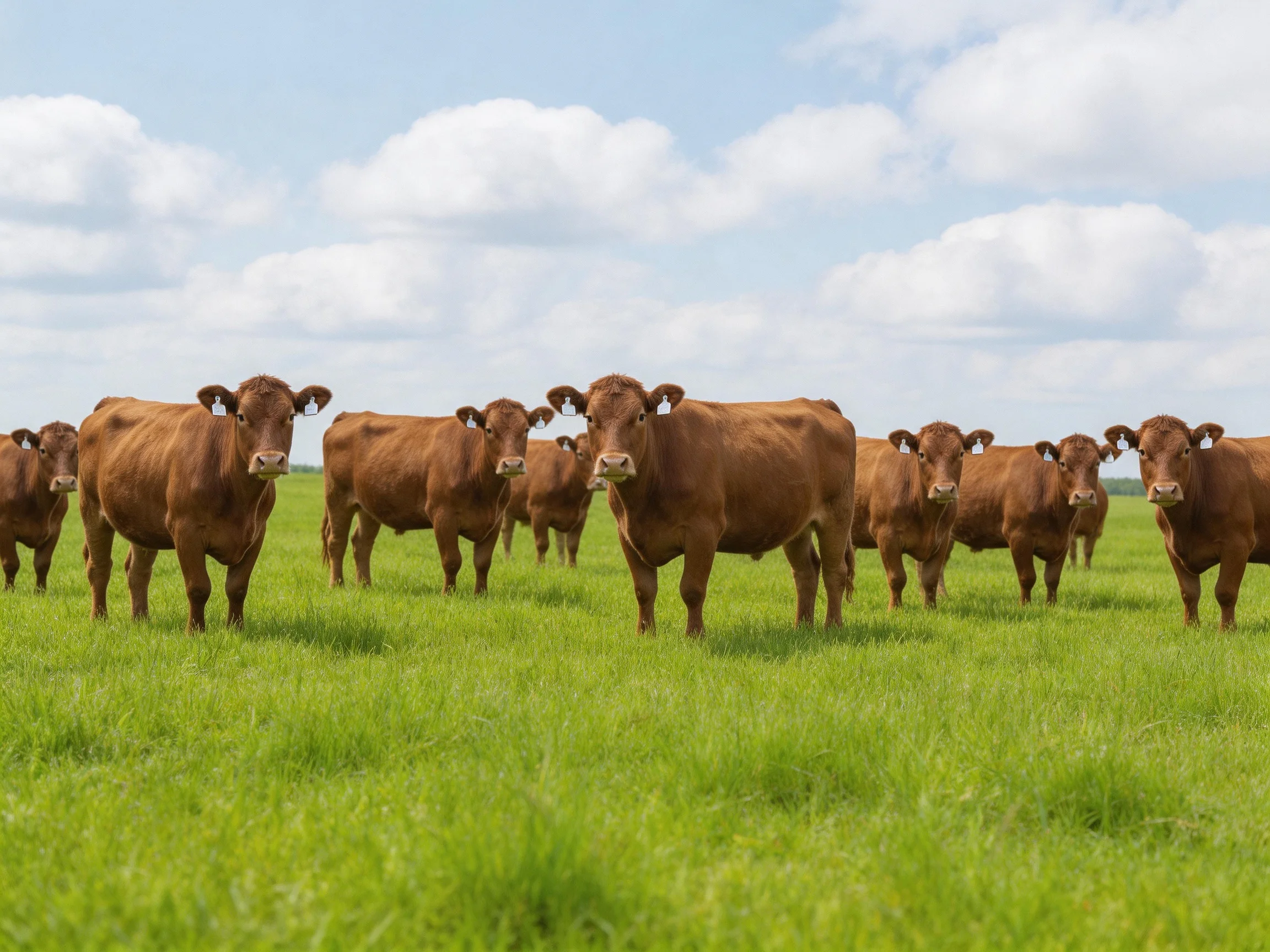 Brown cattle herd in a lush green pasture under cloudy sky