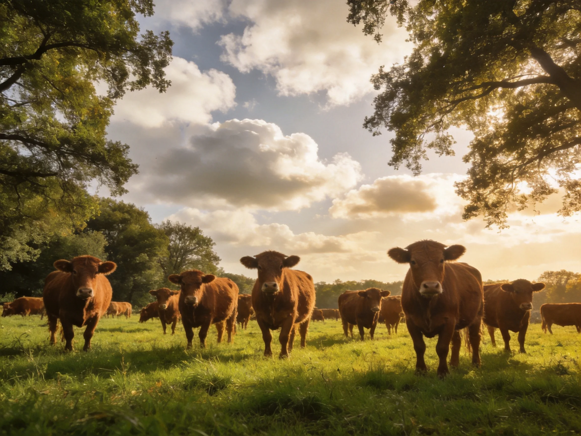 Brown cattle herd in a sunlit green pasture with trees