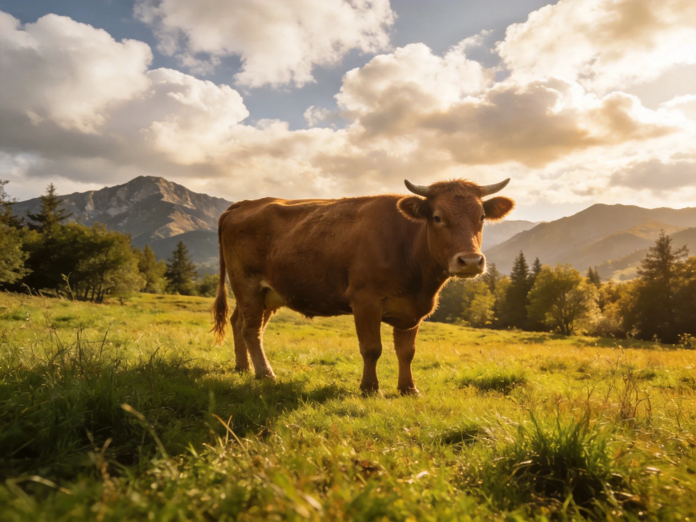 Brown cow in sunlit green meadow near mountains