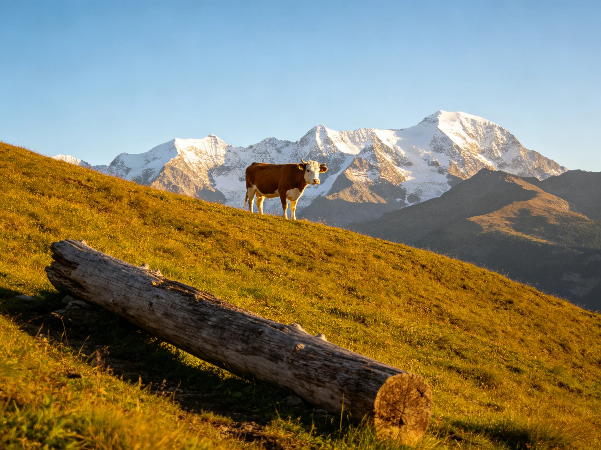 Brown cow on golden hillside with fallen log and snow-capped mountains