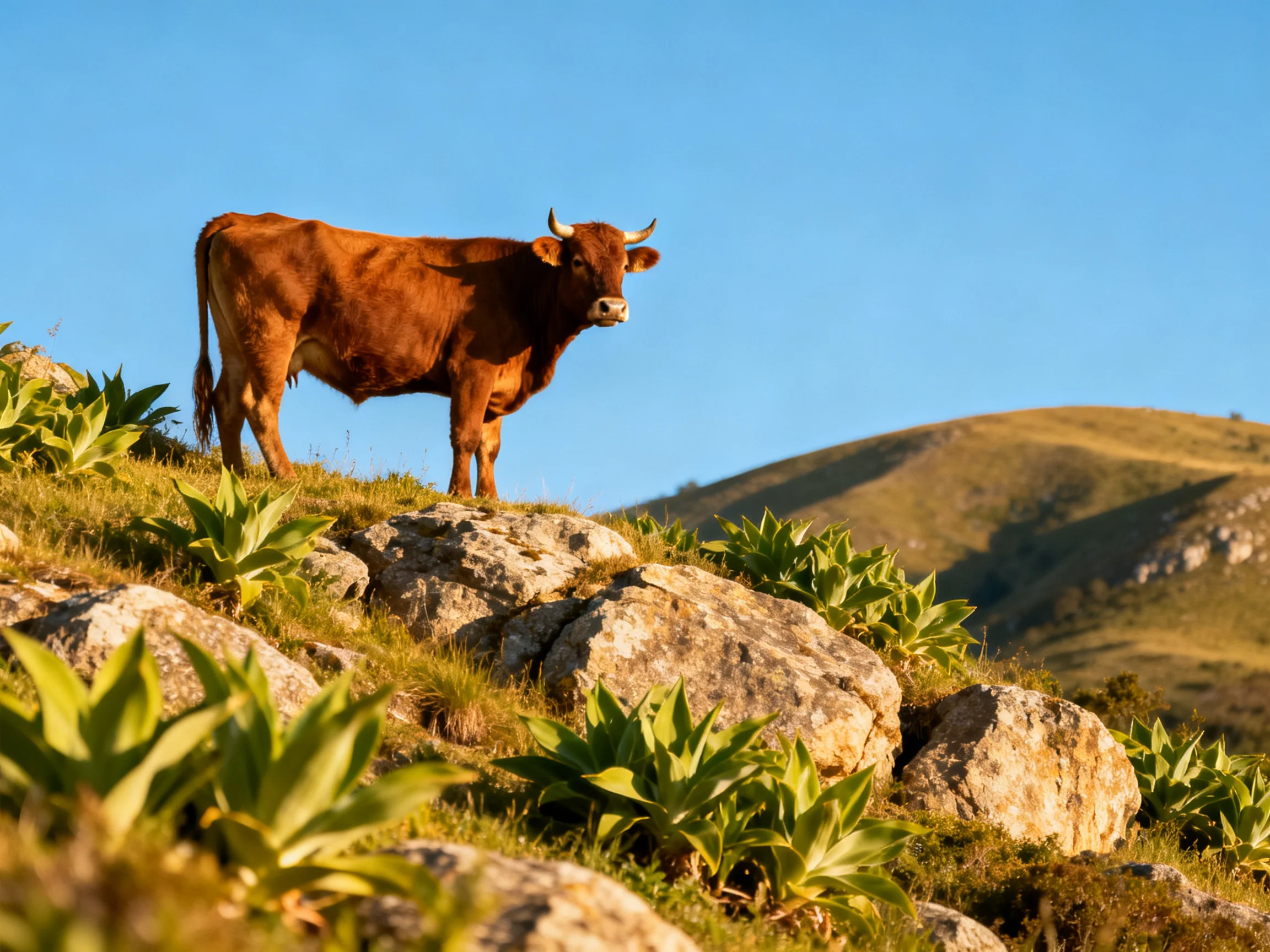 Brown cow on rocky hillside with green vegetation