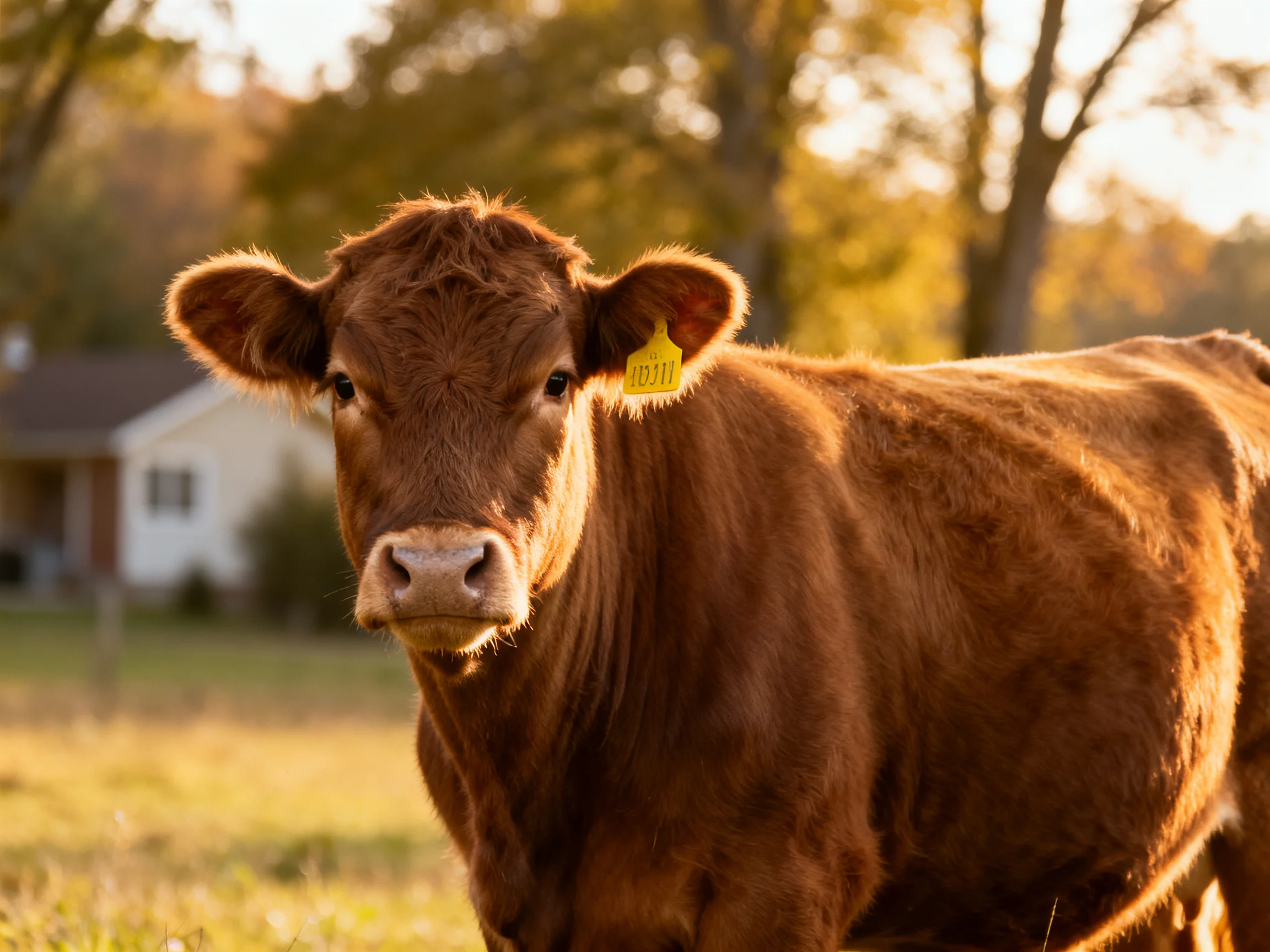 Brown cow with yellow ear tag in sunlit countryside