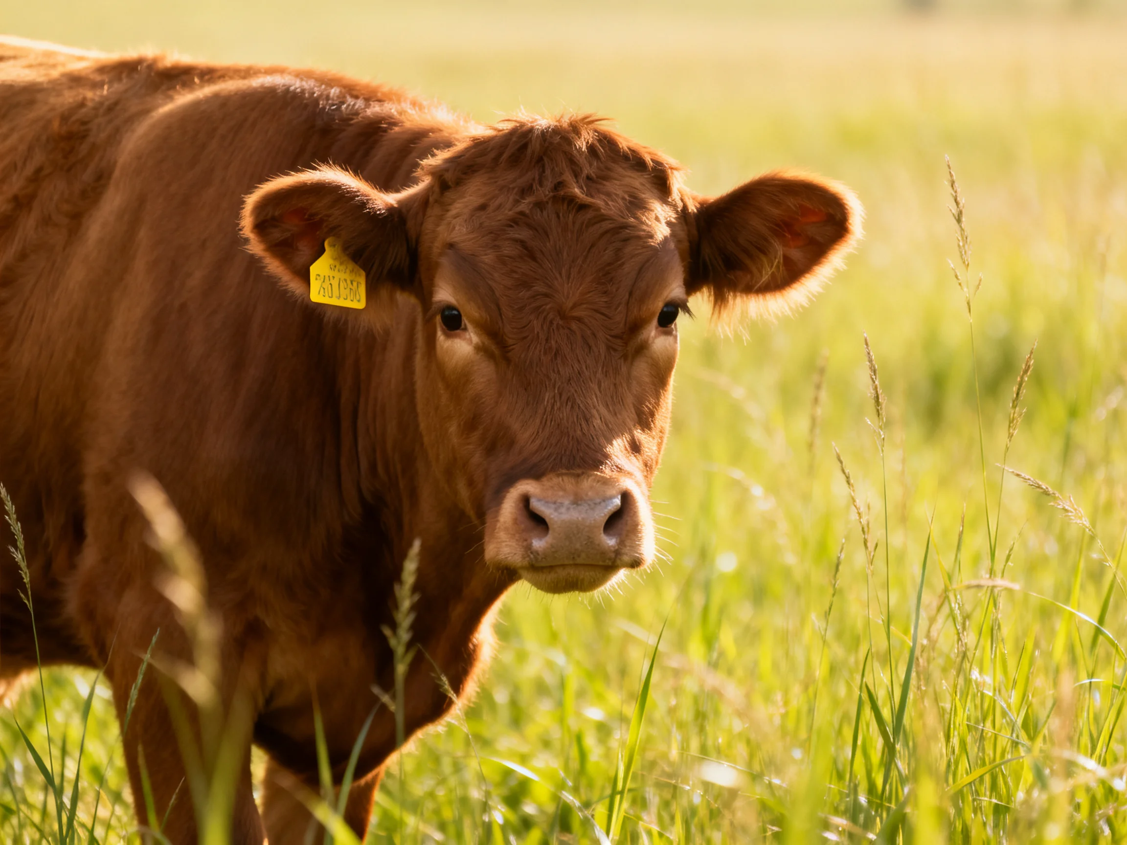 Brown cow with yellow ear tag in sunlit grassy field