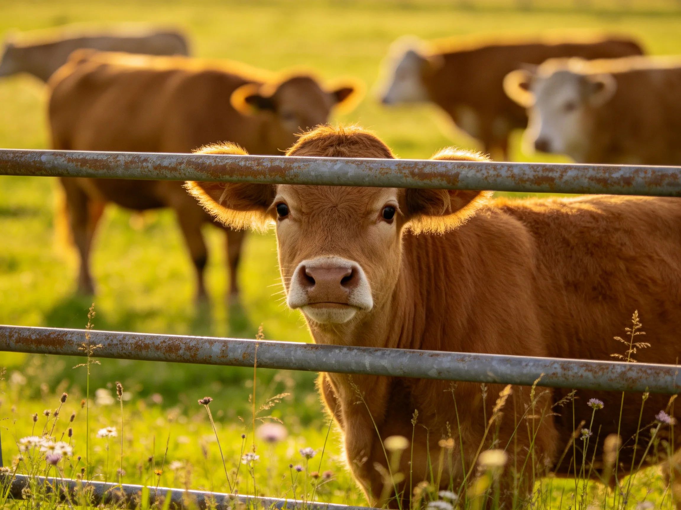Brown cows behind a rusty metal fence in sunlit green pasture