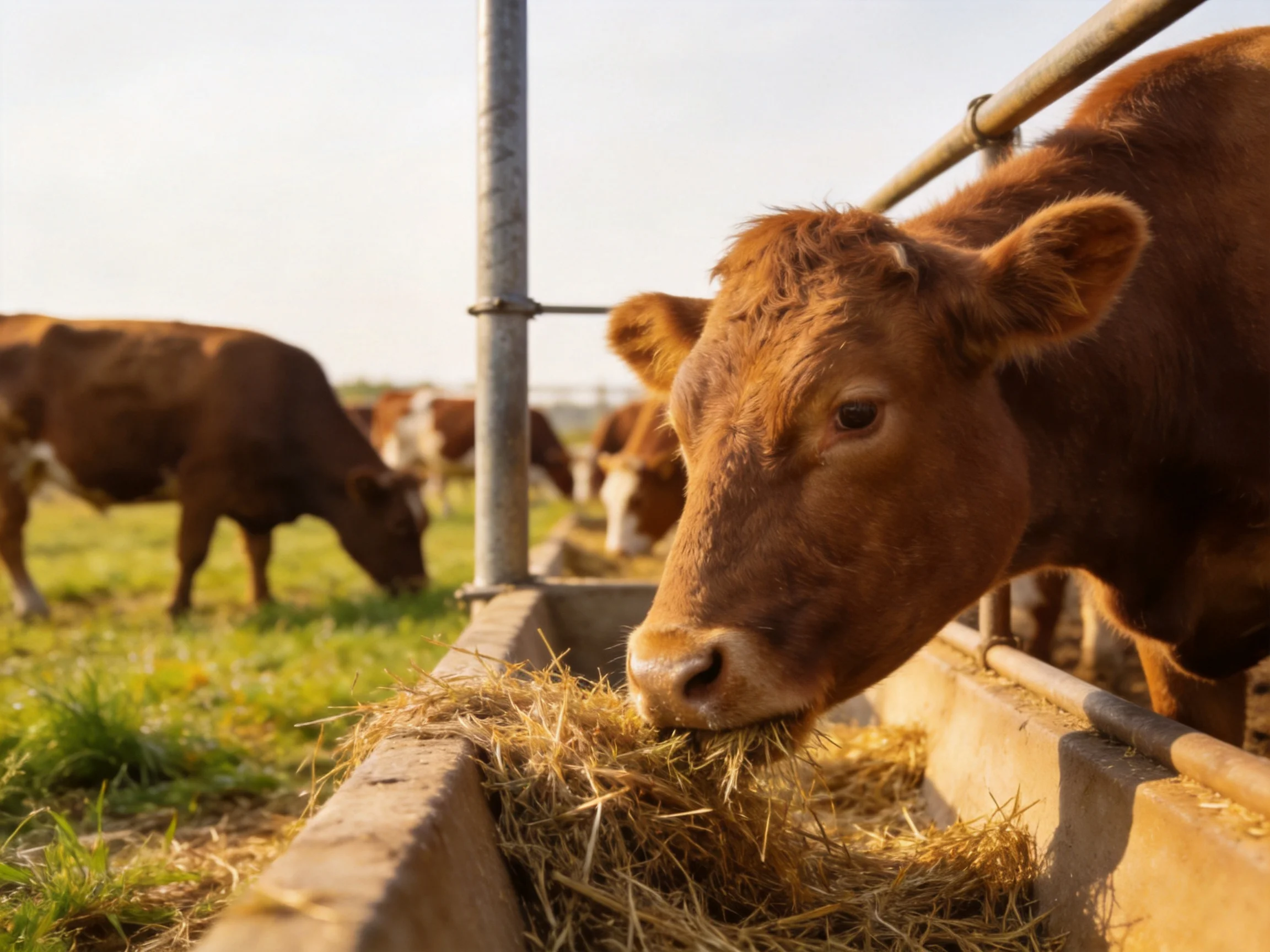 Brown cows feeding from troughs in a sunny pasture