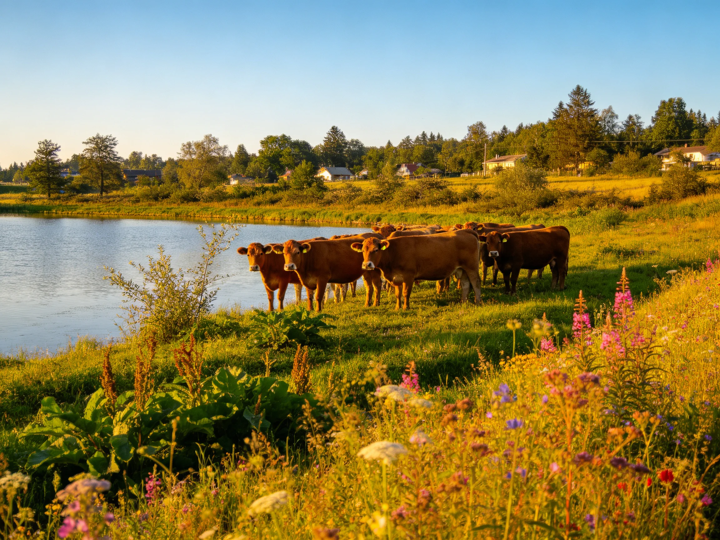 Brown cows gather by a calm river amid lush greenery and colorful wildflowers