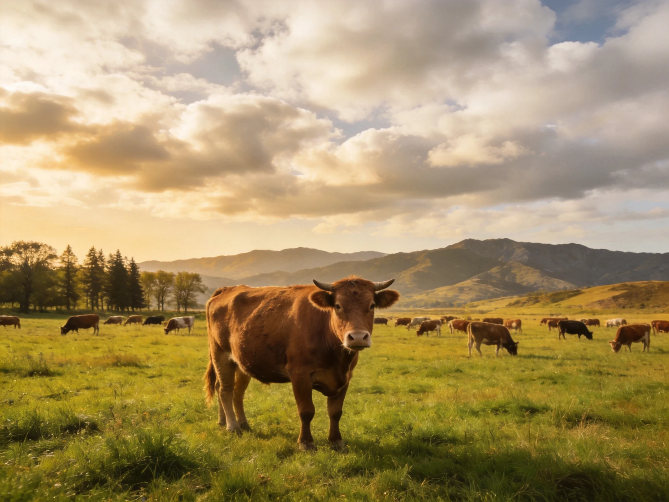 Brown cows graze in a lush green meadow with distant mountains under golden sunlight