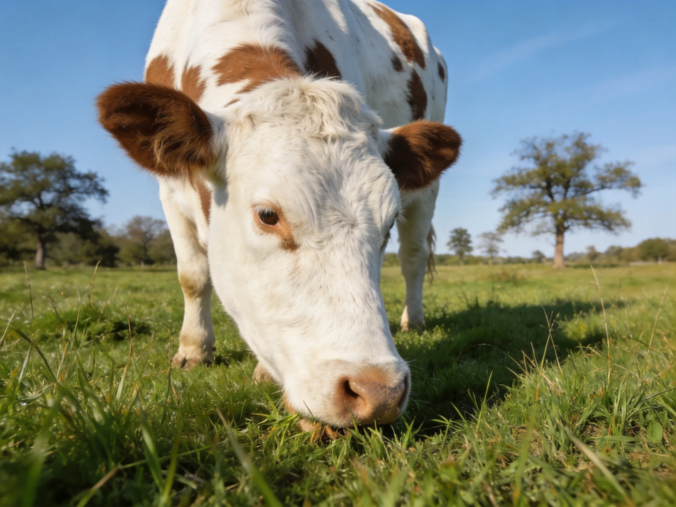 Brown-spotted white cow grazing in sunny green pasture