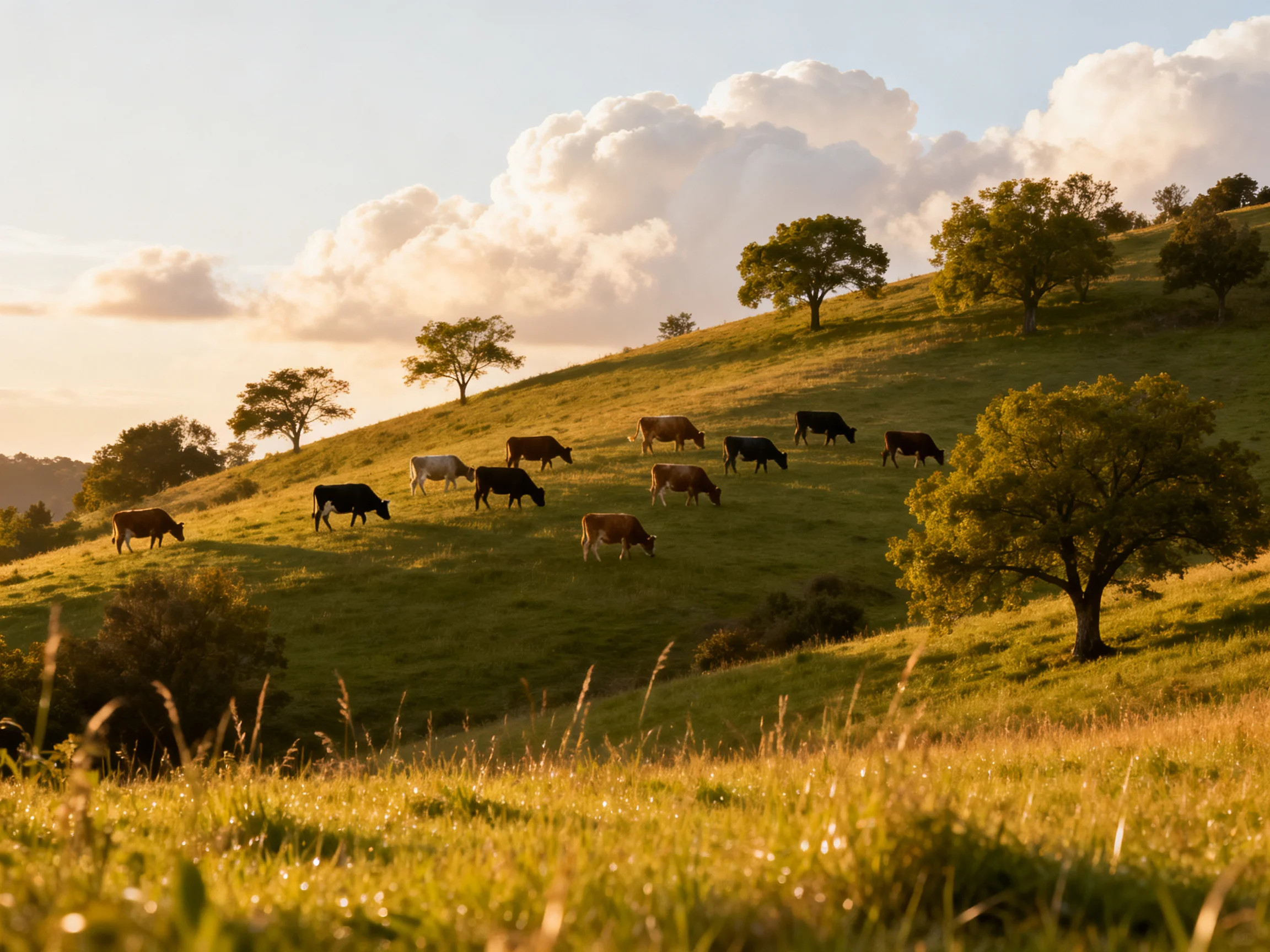 Cattle graze on a sunlit rolling hillside with scattered trees