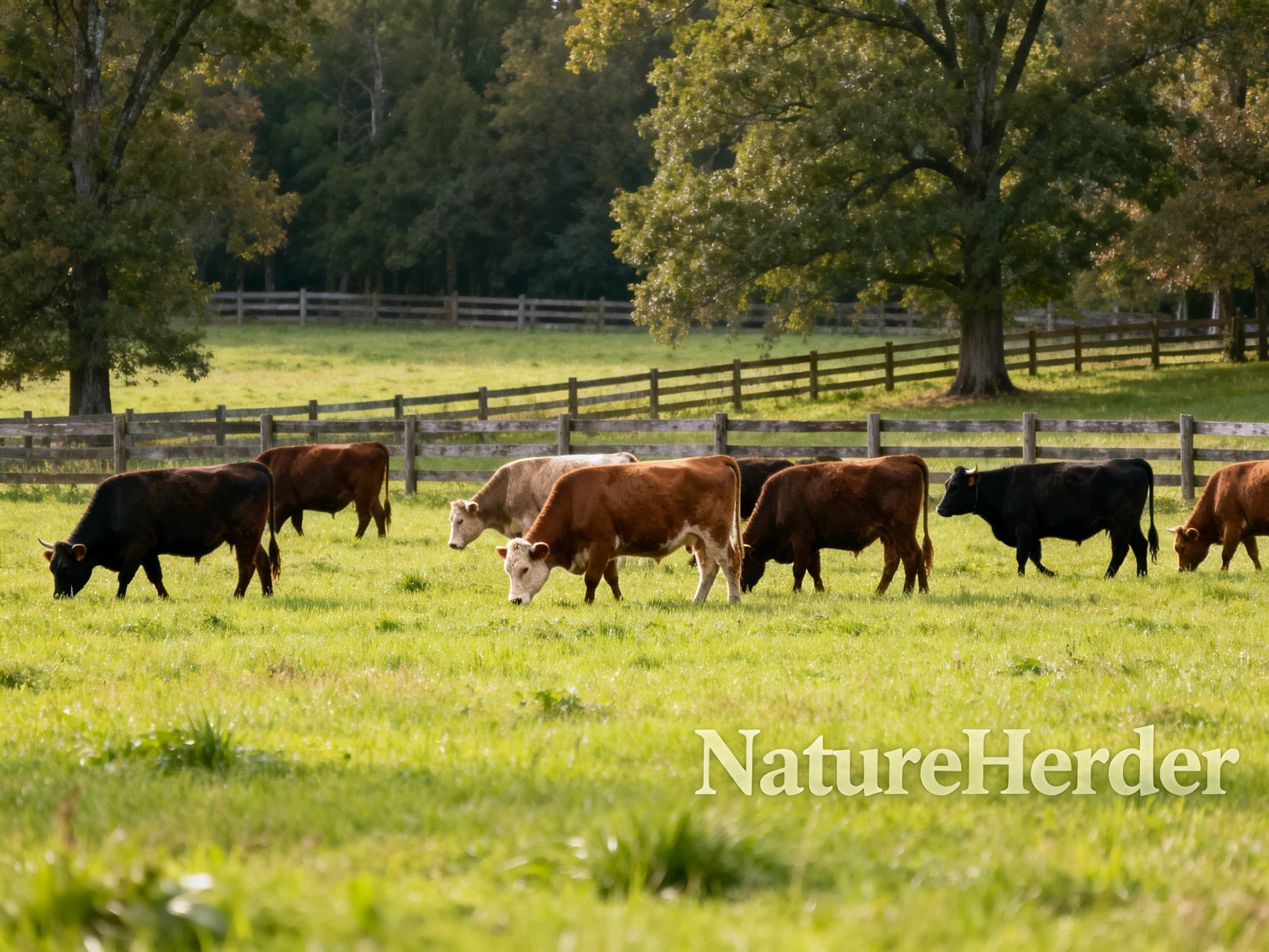 Cattle of varied colors graze in a sunlit green pasture with wooden fences