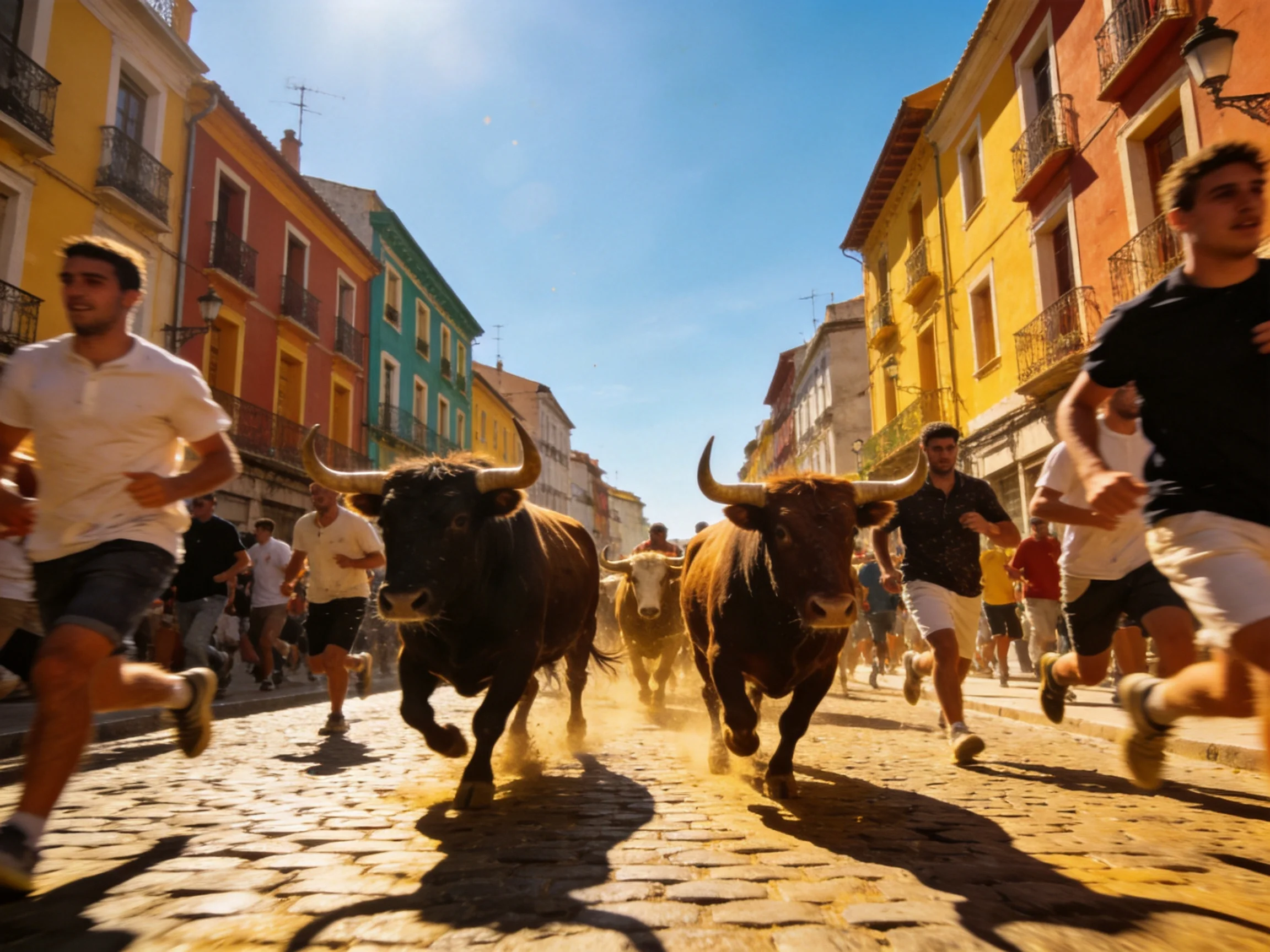 Charging bulls and fleeing runners traverse cobblestone streets past colorful buildings